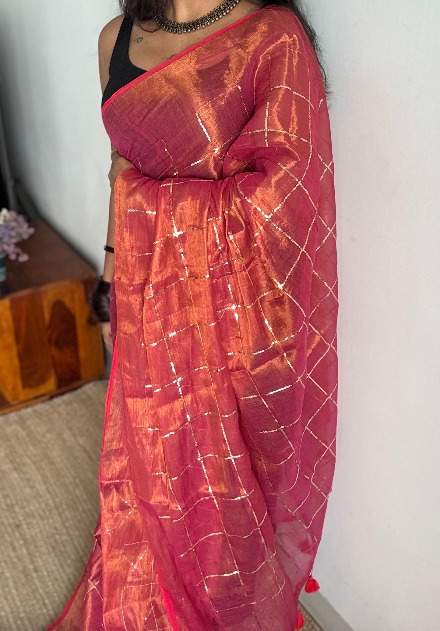 Rani pink, checkered sequins work, mul tissue - YCBCMCJA13