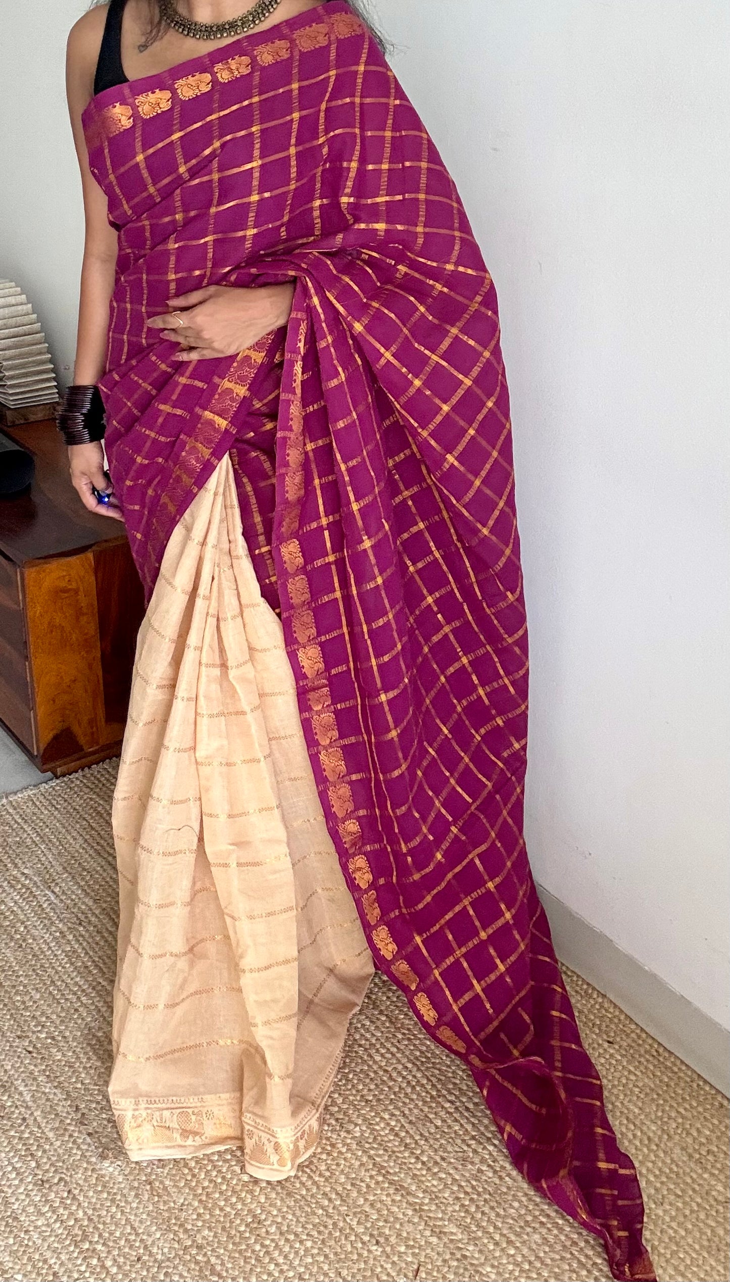 Vadamalli with cream, sungudi cotton half-half saree - YCCOTNIDMA285