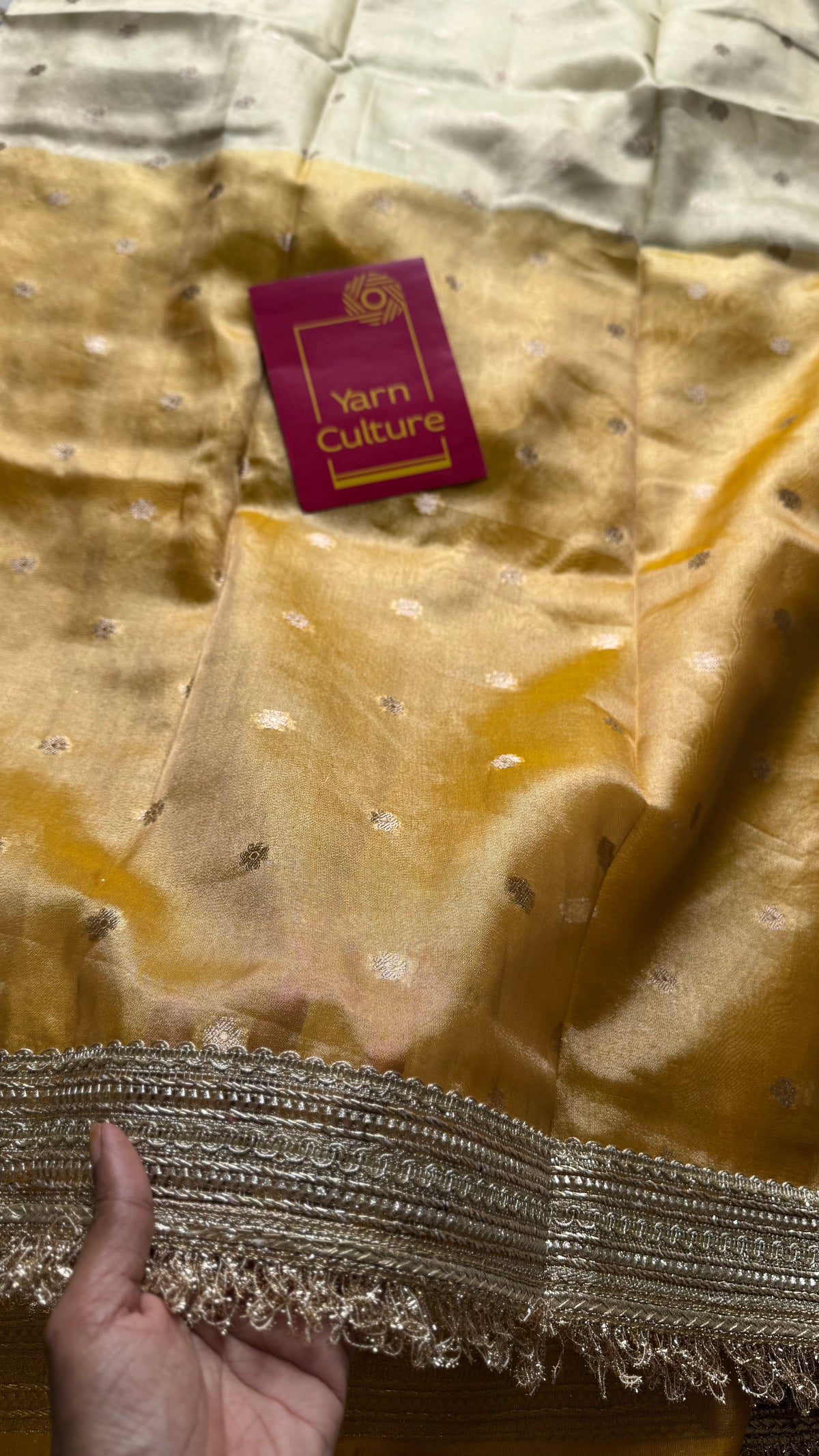 Light gold and dark gold Banarasi tissue saree, with buttas and embellished lace border - YCBLTOC65