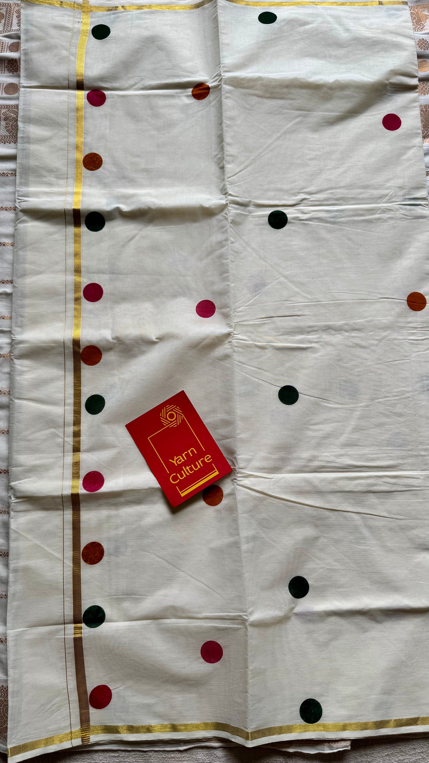 Ivory and gold soft cotton thin border kasavu saree, dark pink, mustard and green polka - YCIEON75