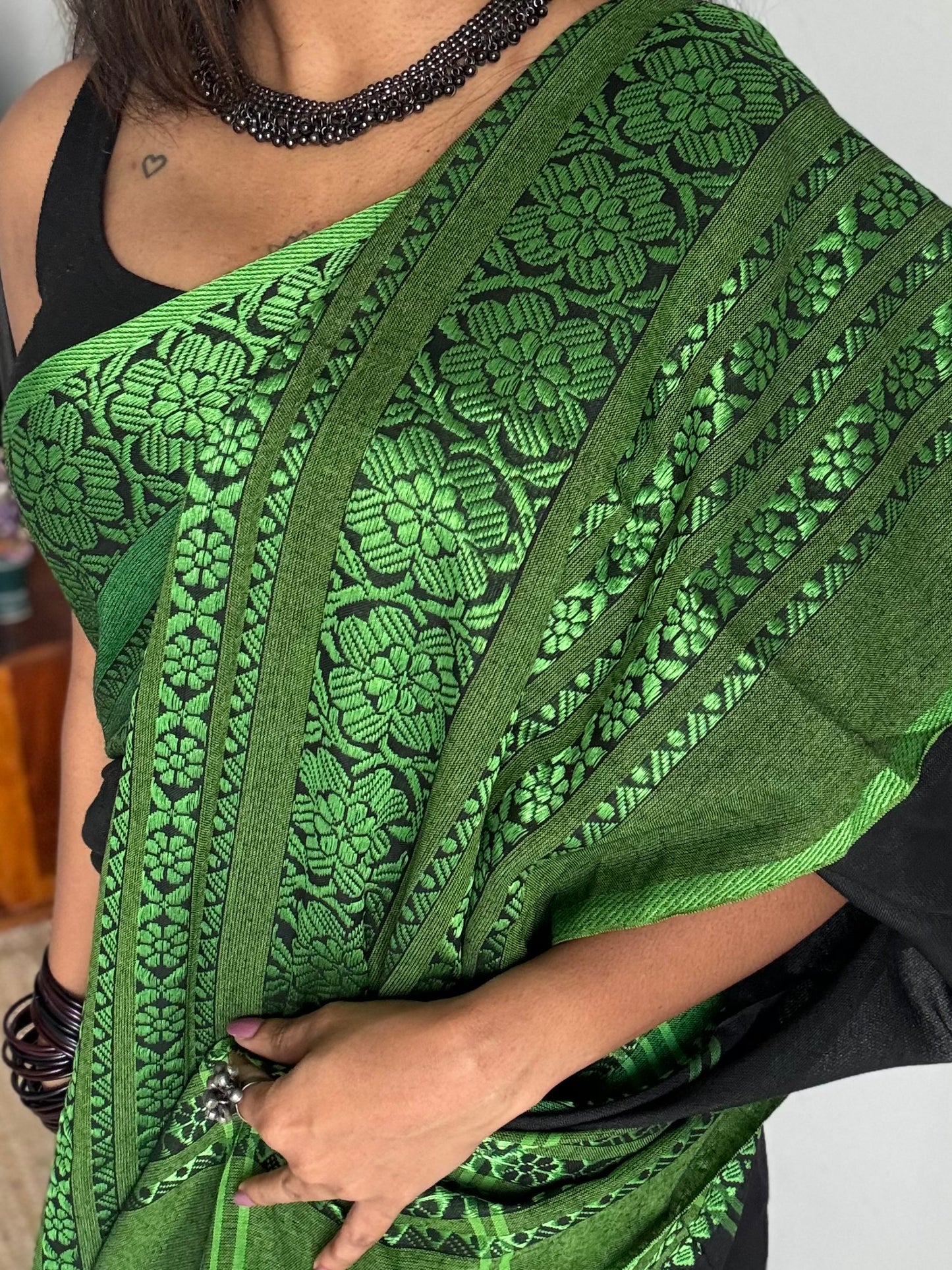 Black with green threadwork, begampuri soft cotton - YCBCBPJA195