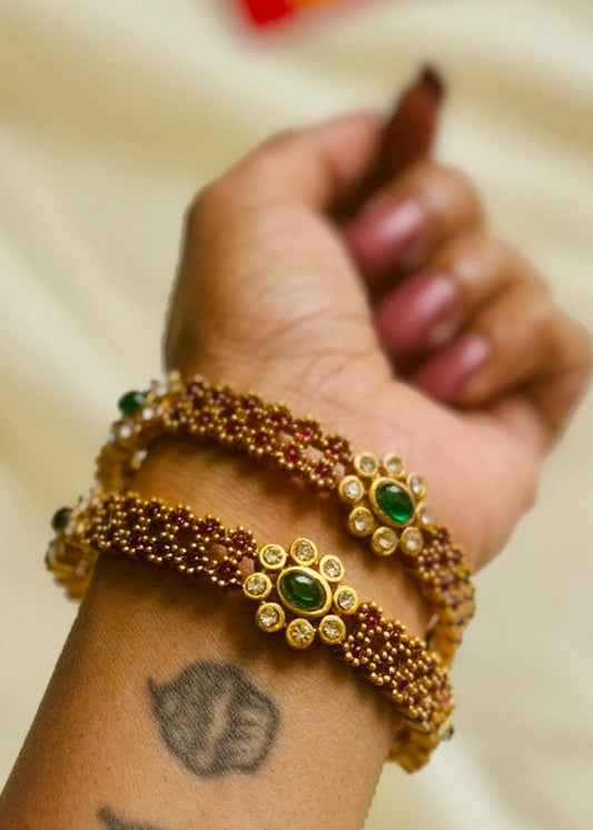 Floral ruby and green stone bangles, set of 2, size 2.6 - YCGPBA817