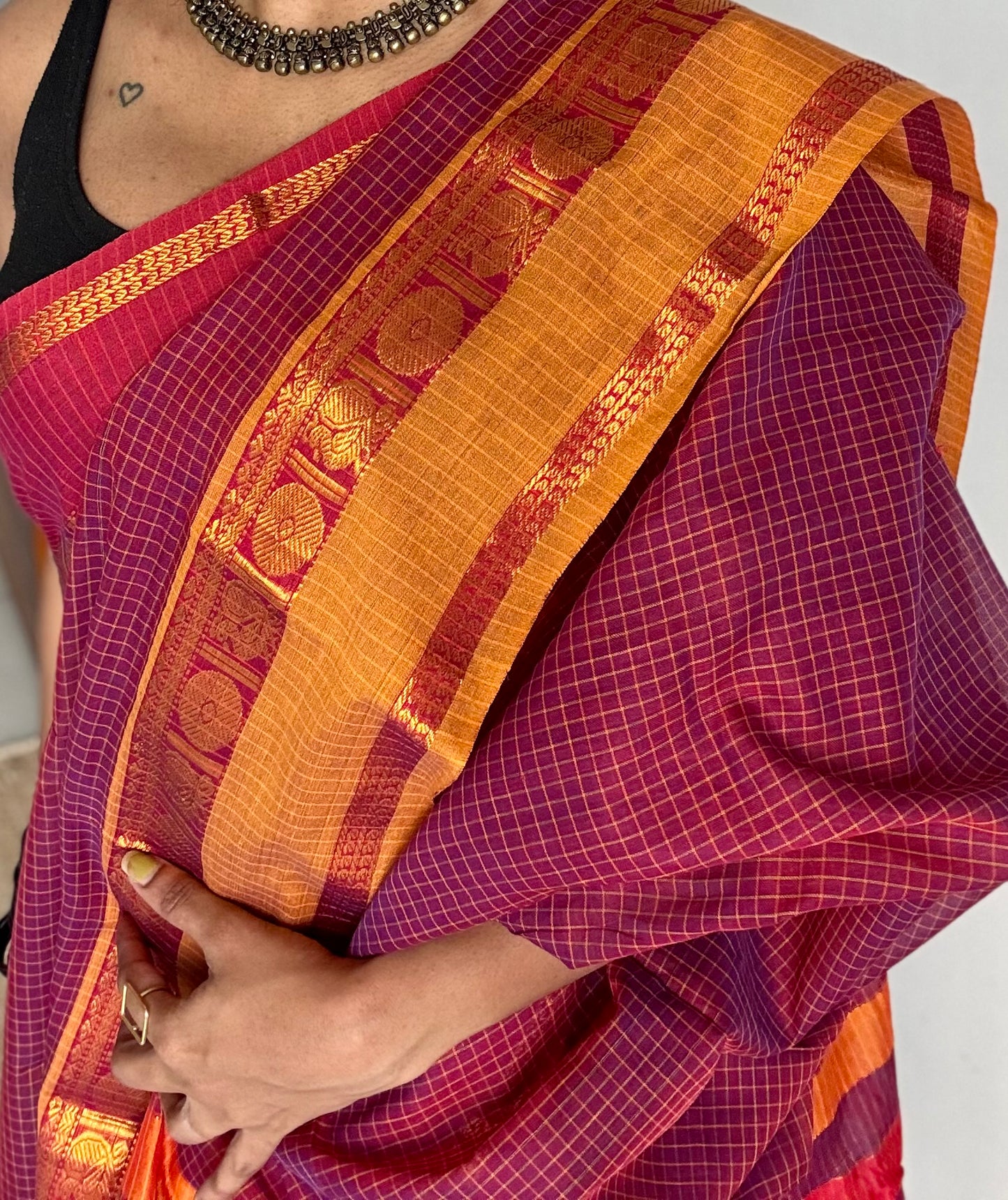 Berry pink checks with red and yellow ganga jamuna borders, premium narayanpet soft cotton - YCWOTDNPJA156