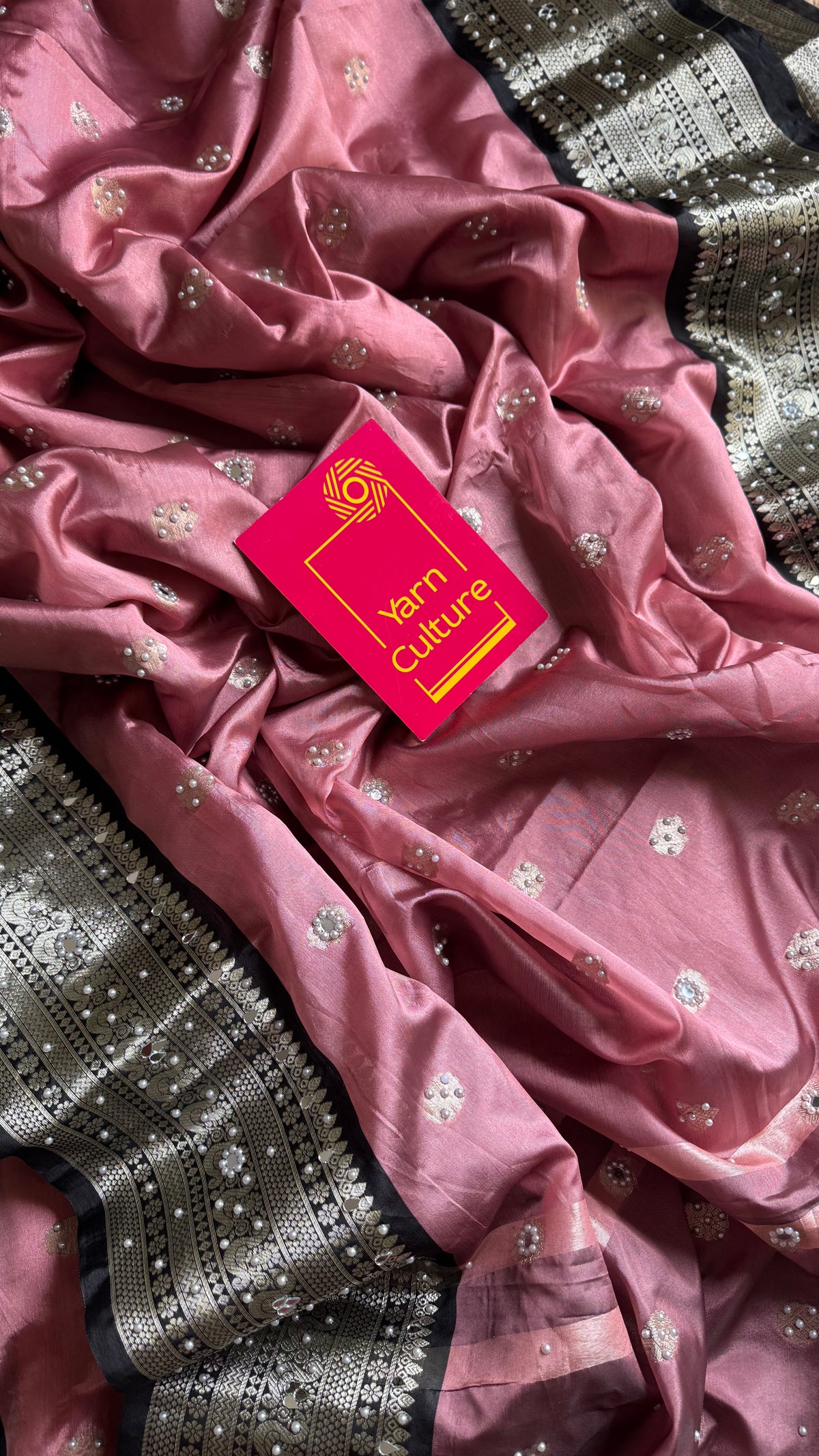 Dusty pink with black silver zari Banarasi semi-katan silk saree with pearl embellishments - YCBLTOC92
