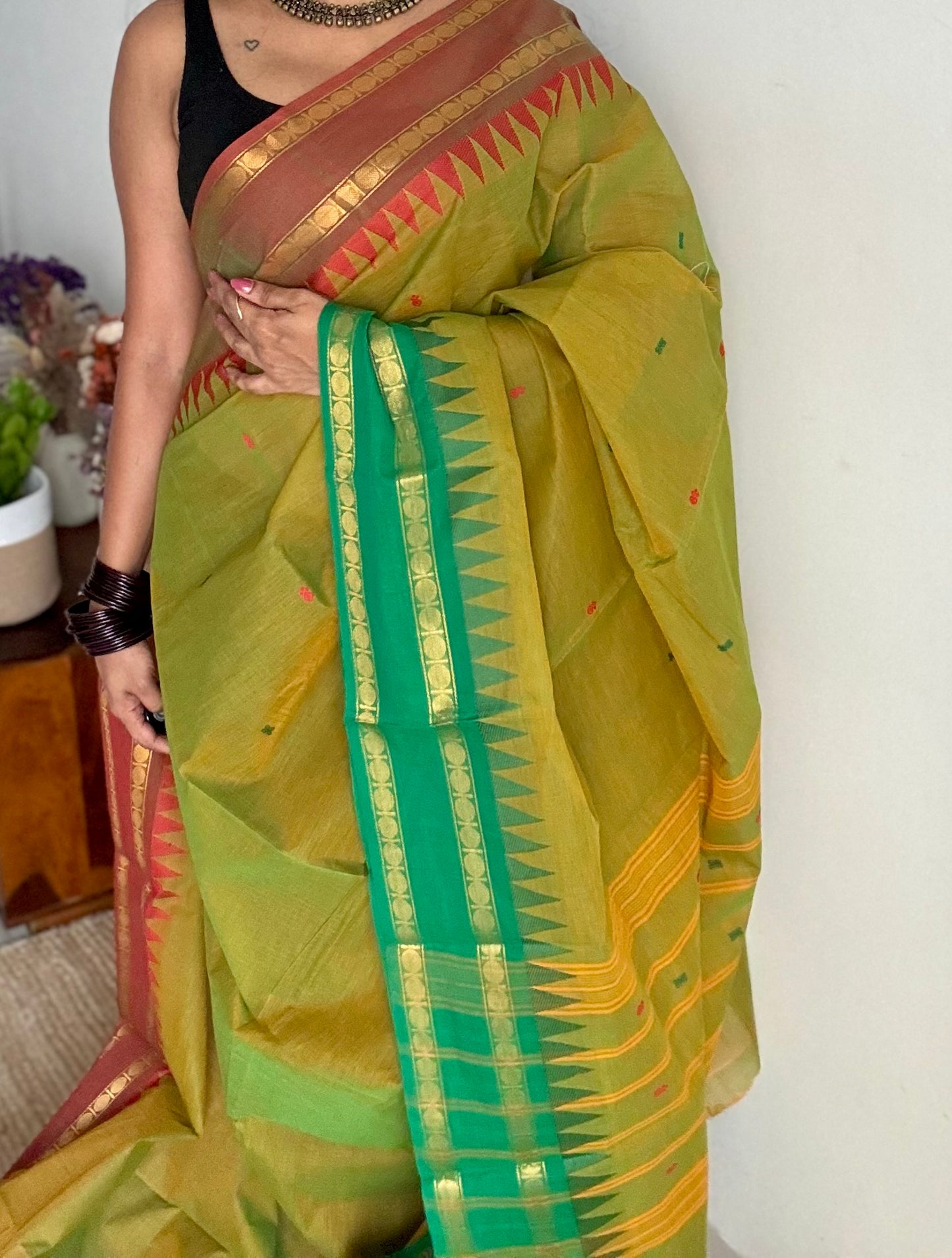 Kanchi cotton saree, light green with light brown and green dual border - YCCOTNAP101
