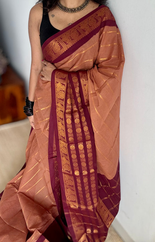 Light brown with maroon, peacock rudraksham motif, single side broad zari - madurai kattuchayam dyed - YCCOTNAUS33