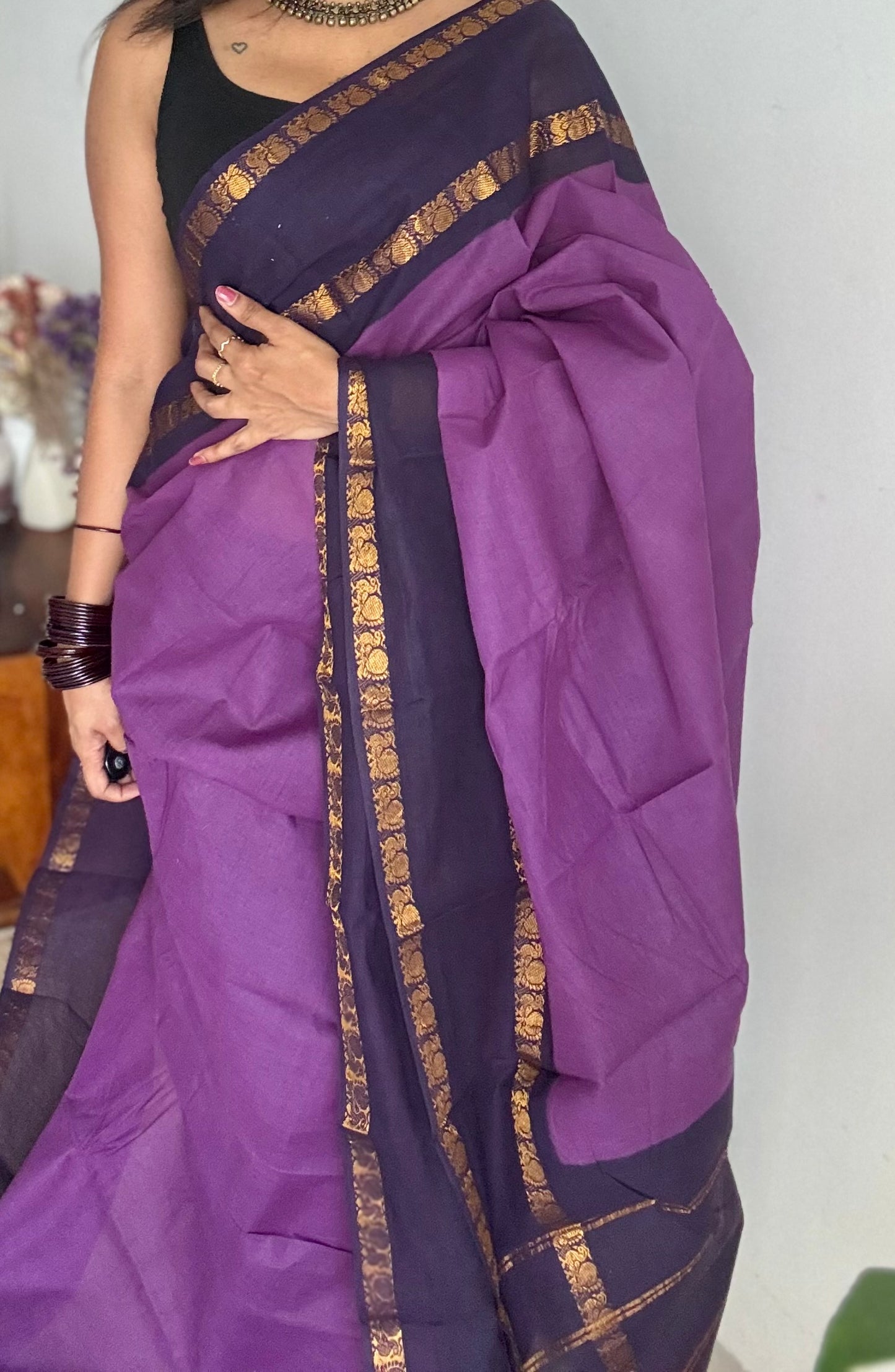 Purple with dark blue rettaipettu peacock double border, madurai soft cotton - YCCOTNMSAP204