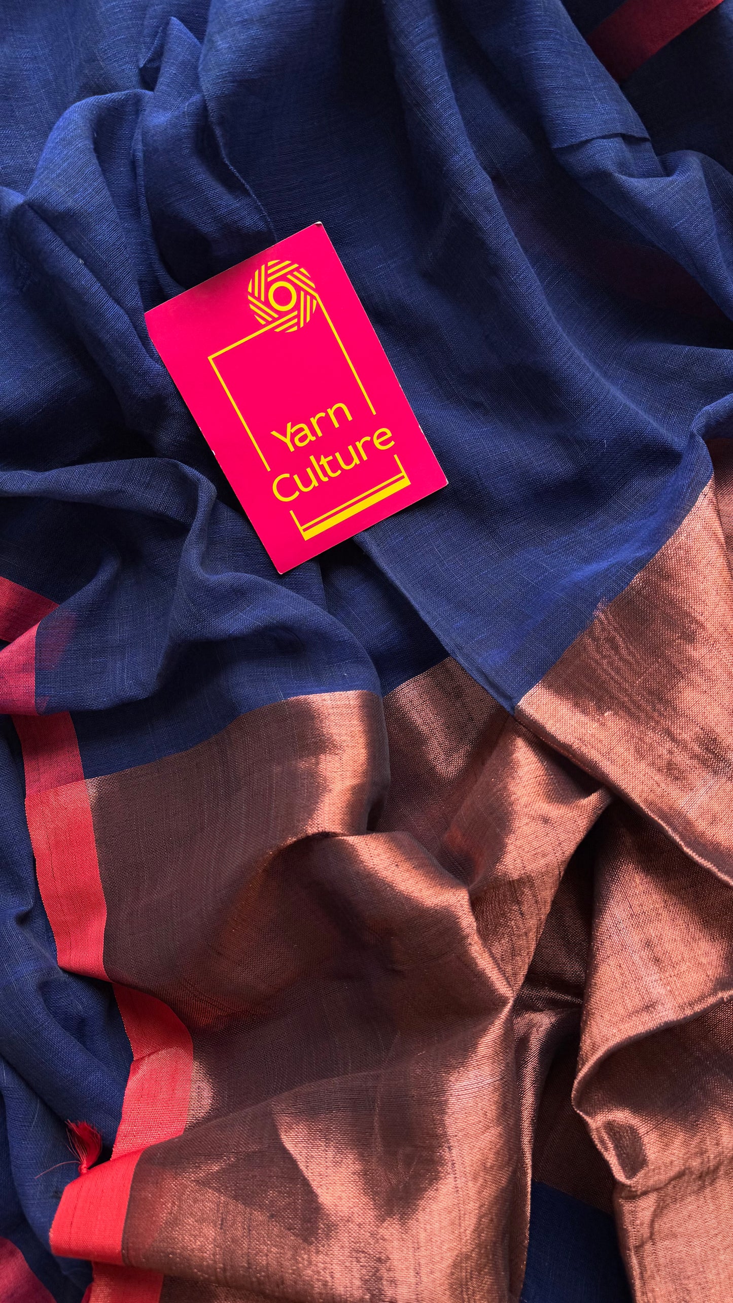 Dark blue plain linen by cotton saree with copper zari pallu - YCBCLCFE395