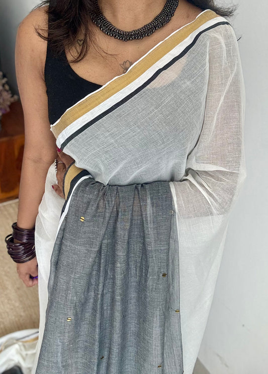 Ivory with dark grey with sequins and antique gold zari border, mul cotton - YCONBCM240
