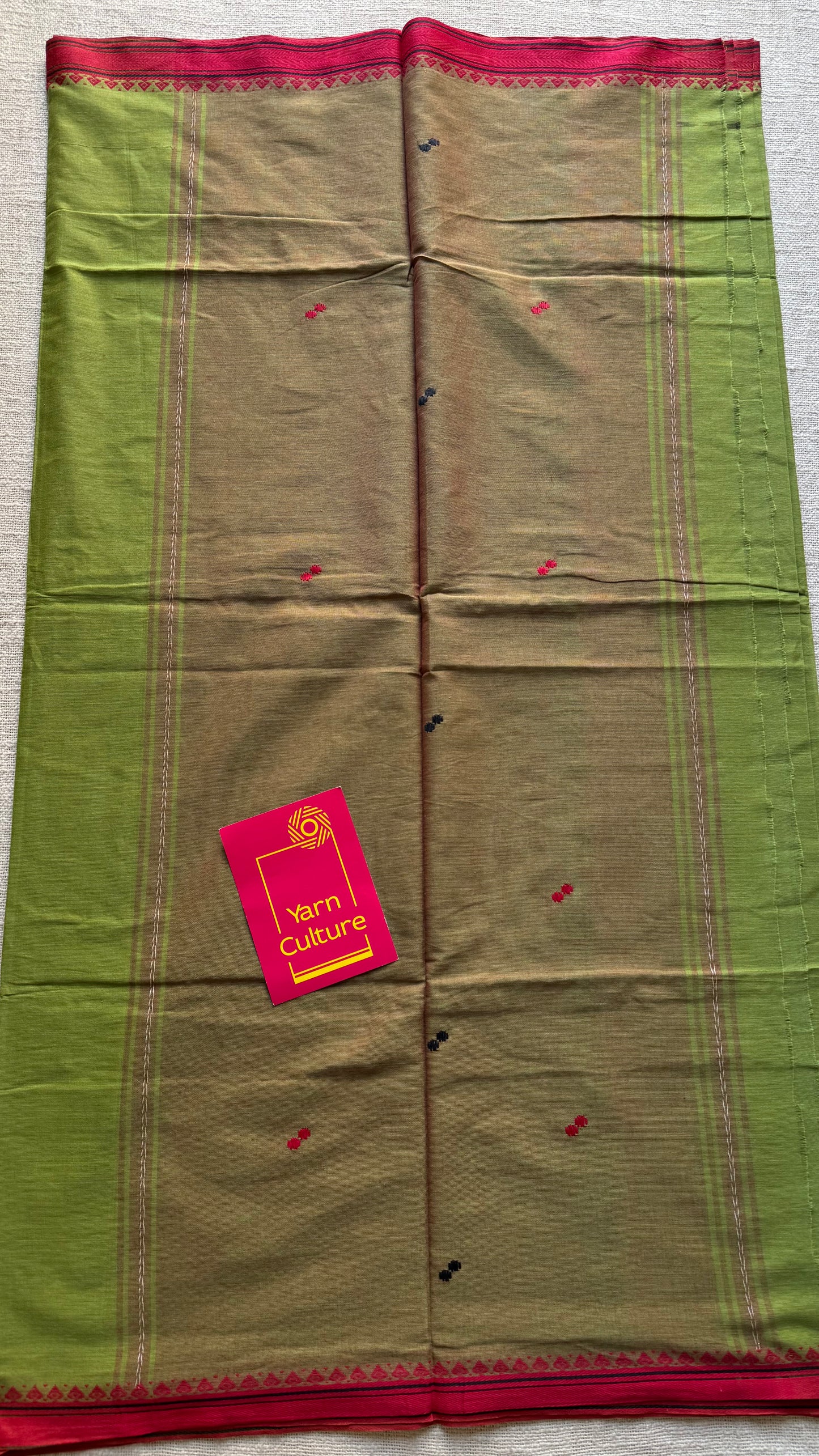 Dhonekhali handloom soft cotton saree,parrot green with red thread border, red and black woven buttas - YCBCDFE260