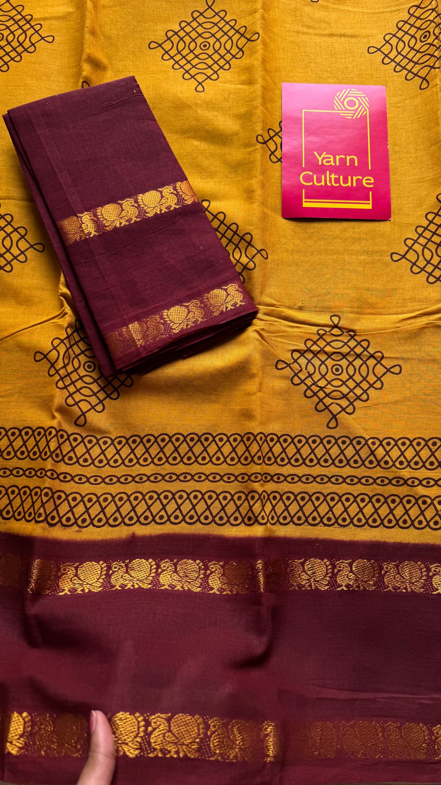 Turmeric yellow with maroon, kolam print, rettaipettu peacock double border, madurai soft cotton - YCCOTNMSAP202