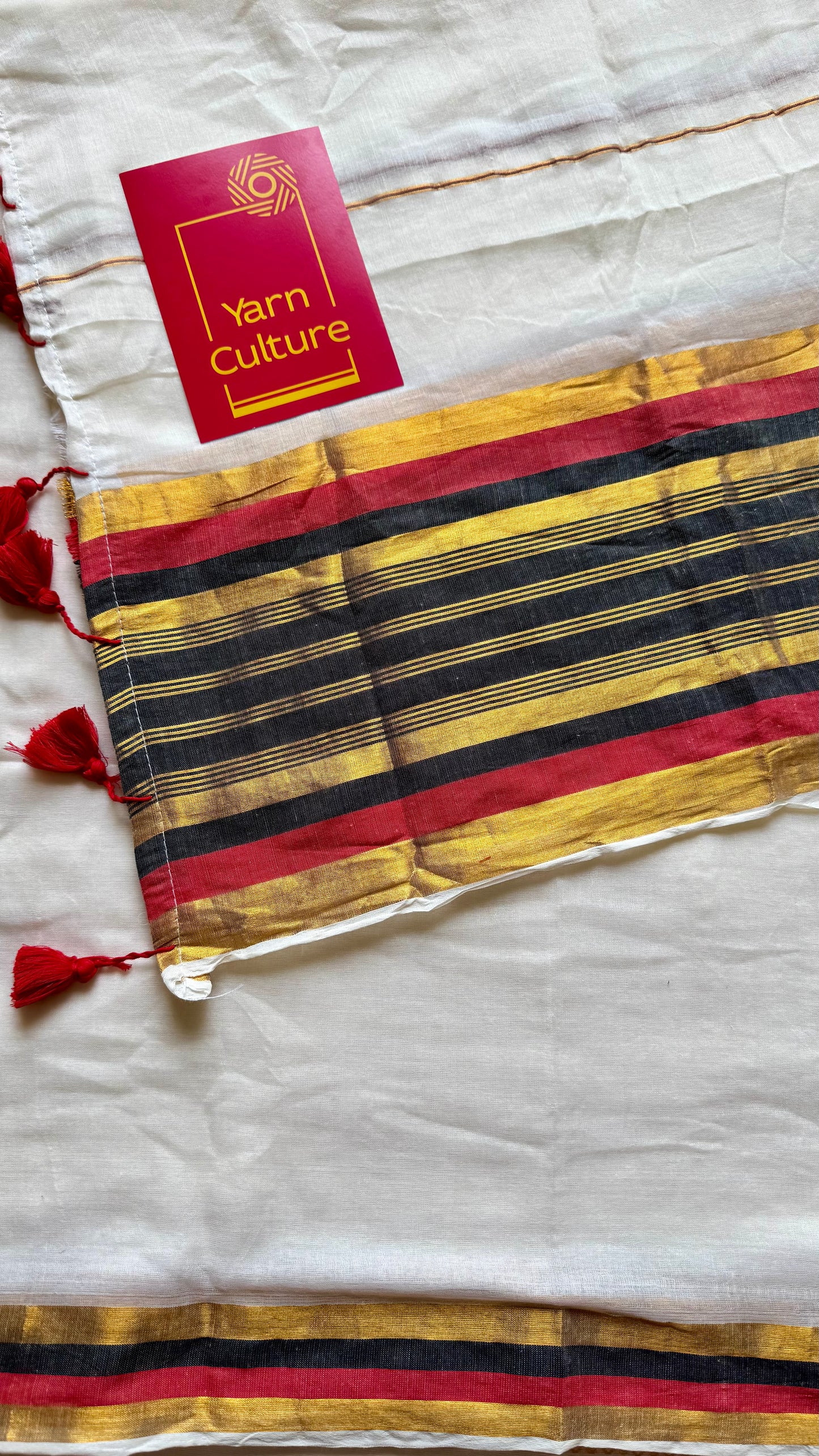 Ivory mul saree, red, black and gold striped border - YCIEON36