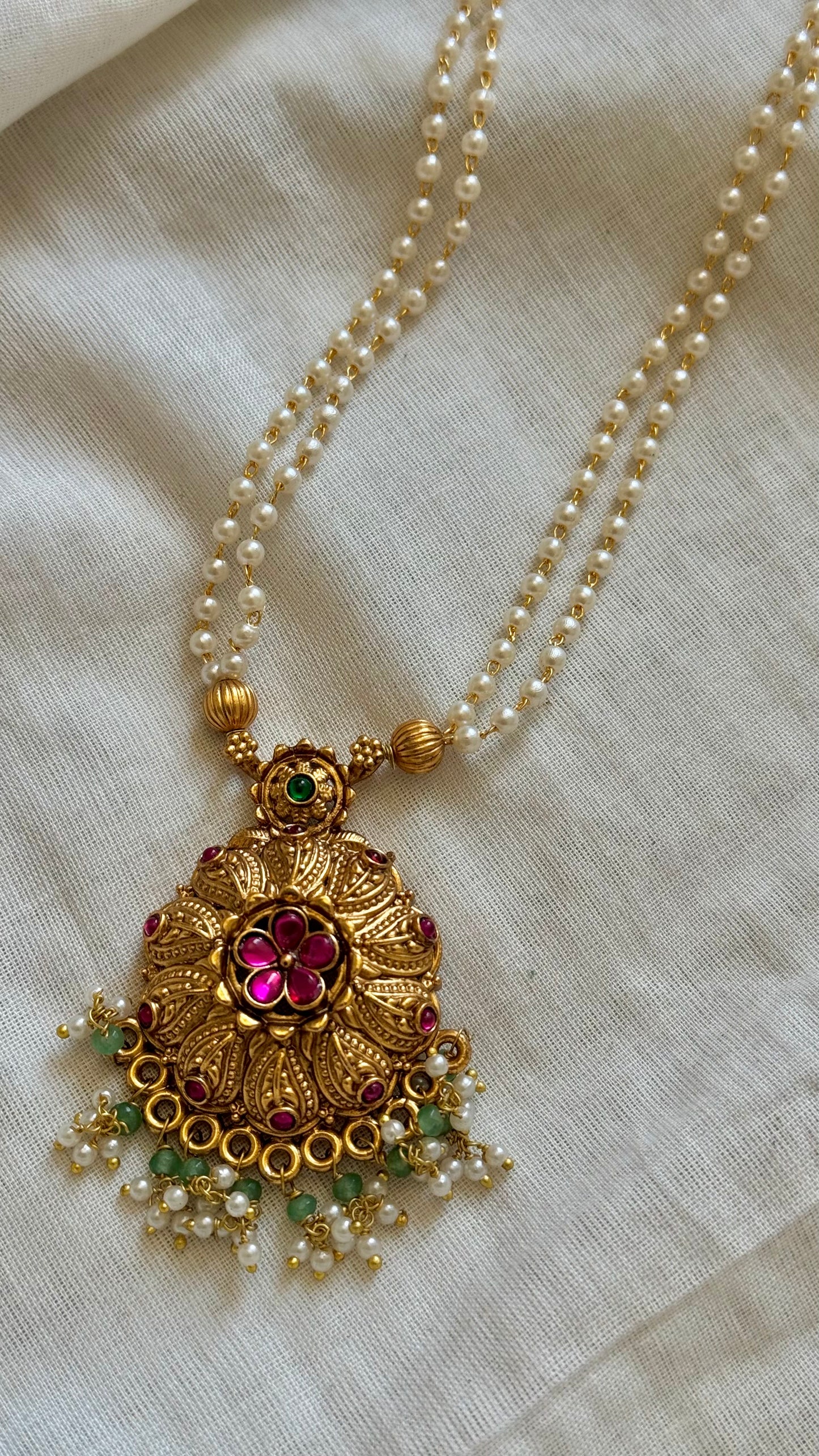 Floral ruby green pendant pearl chain neckpiece with earrings - YCGPNP667