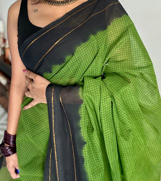 Green with black contrast, checkered kattuchayam dyed madurai cotton saree - YCCOTNMA233