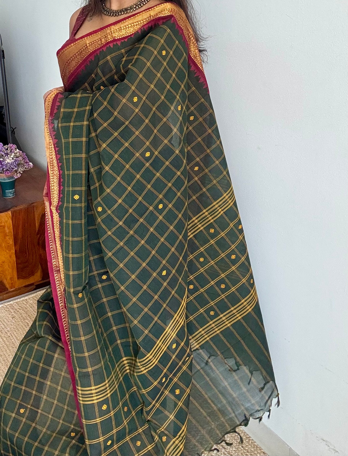 Dark green Kanchi cotton saree with striped checks, woven buttas and maroon zari border - YCCOTNCCFE159