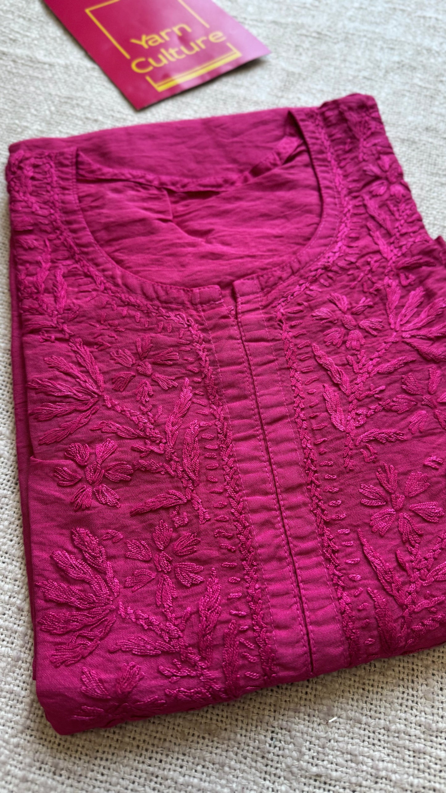 Hot pink chanderi chikankari with ghas patti work, stitched kurta, round neck, three fourth sleeves - YCSECK09