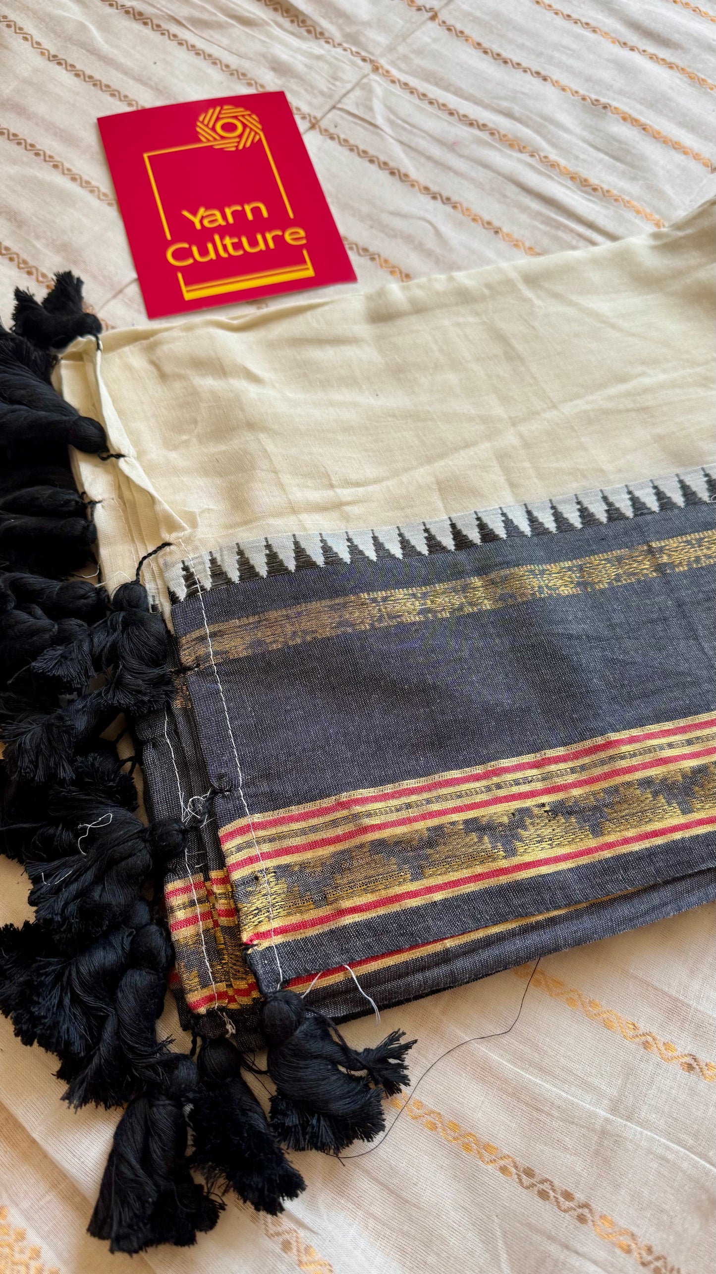 Ivory mul saree, black and gold border - YCIEON19