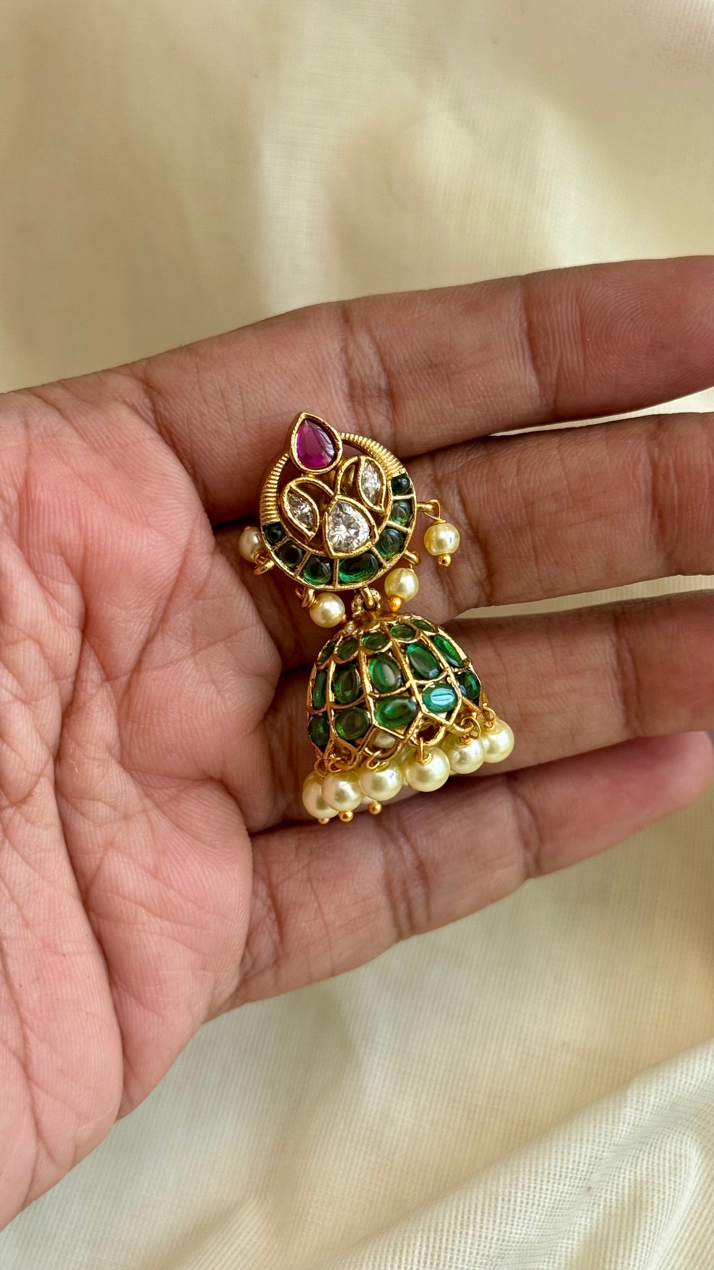 Ruby green white stone and pearls jhumka - YCGPER825