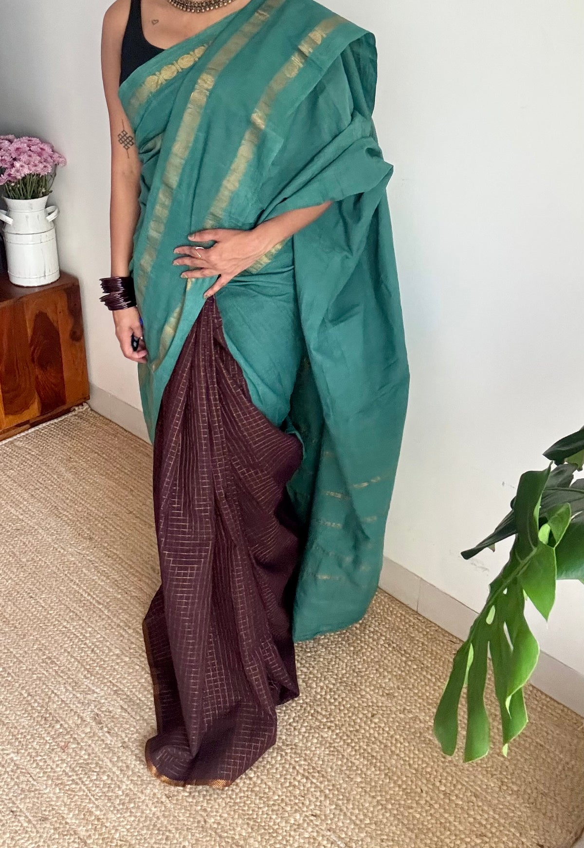 Mint green with brown, sungudi cotton half and half saree - YCCOTNIDOC154