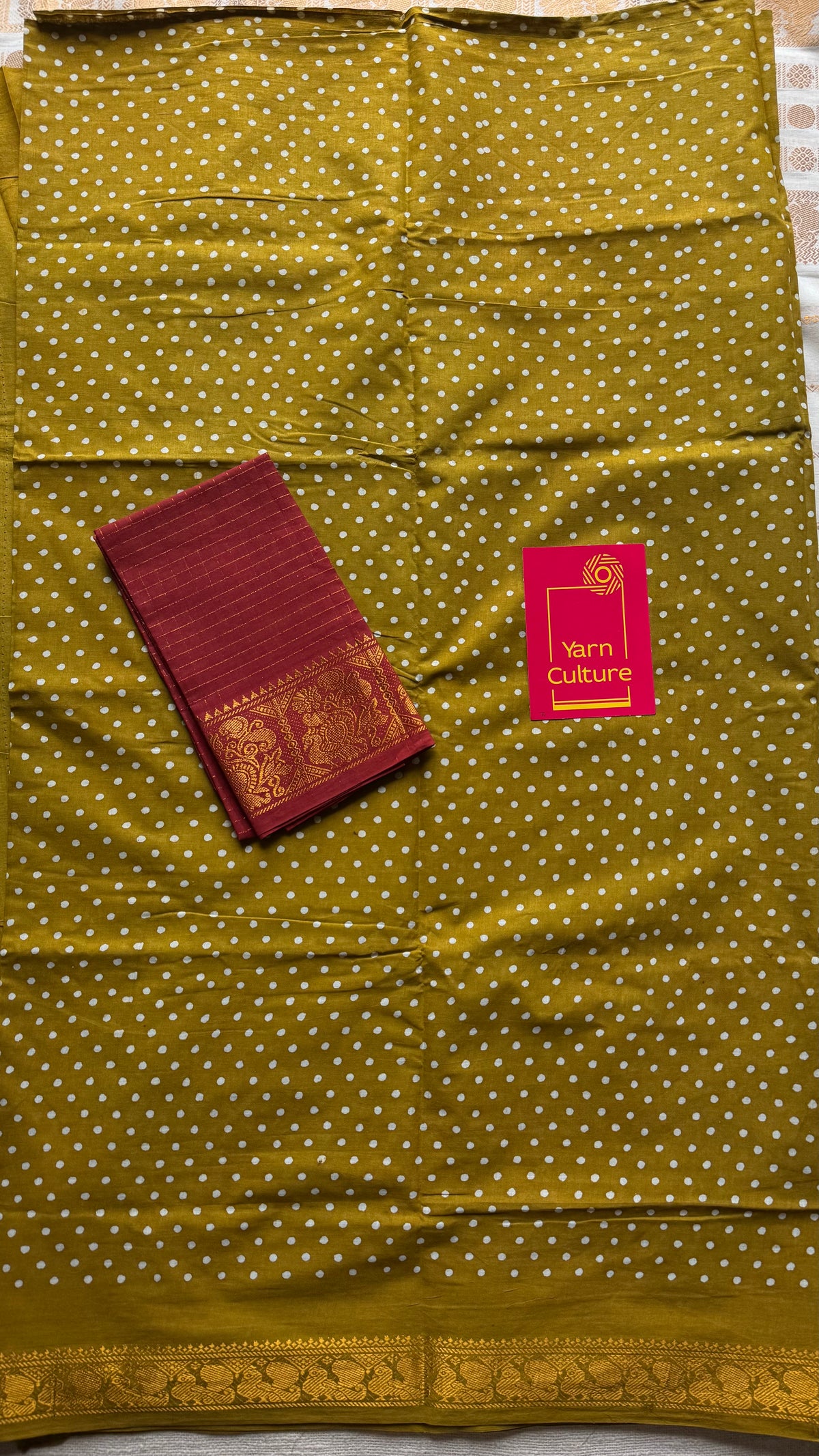 Mehendi green sungudi dotted, single-side border, kattuchayam dyed madurai cotton saree - YCCOTNMSSE07
