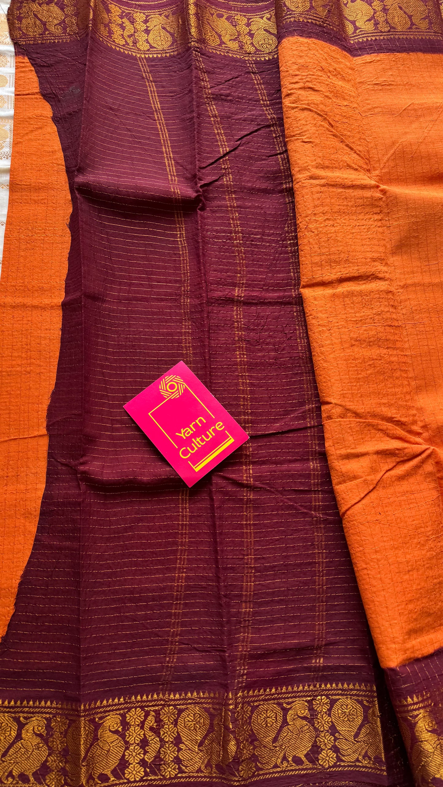 Orange with maroon contrast zari checkered sungudi, kattuchayam dyed madurai cotton - YCCOTNMSAP161