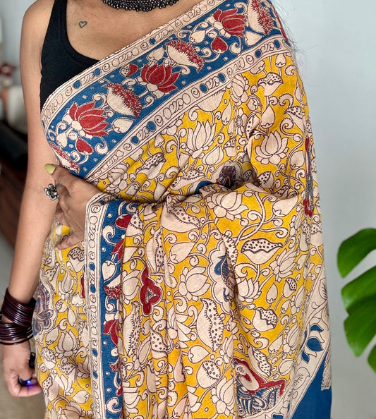 Yellow with blue kalamkari saree, floral vines, soft cotton - YCWOTDMA348