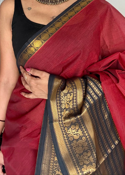 Kanchi cotton saree, dark red with black wide zari border - YCCOTNAP91