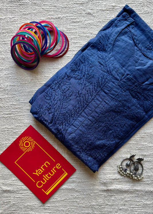 Blue muslin chanderi chikankari with bakhiya work, stitched kurta, round neck, three fourth sleeves - YCSECKJA140