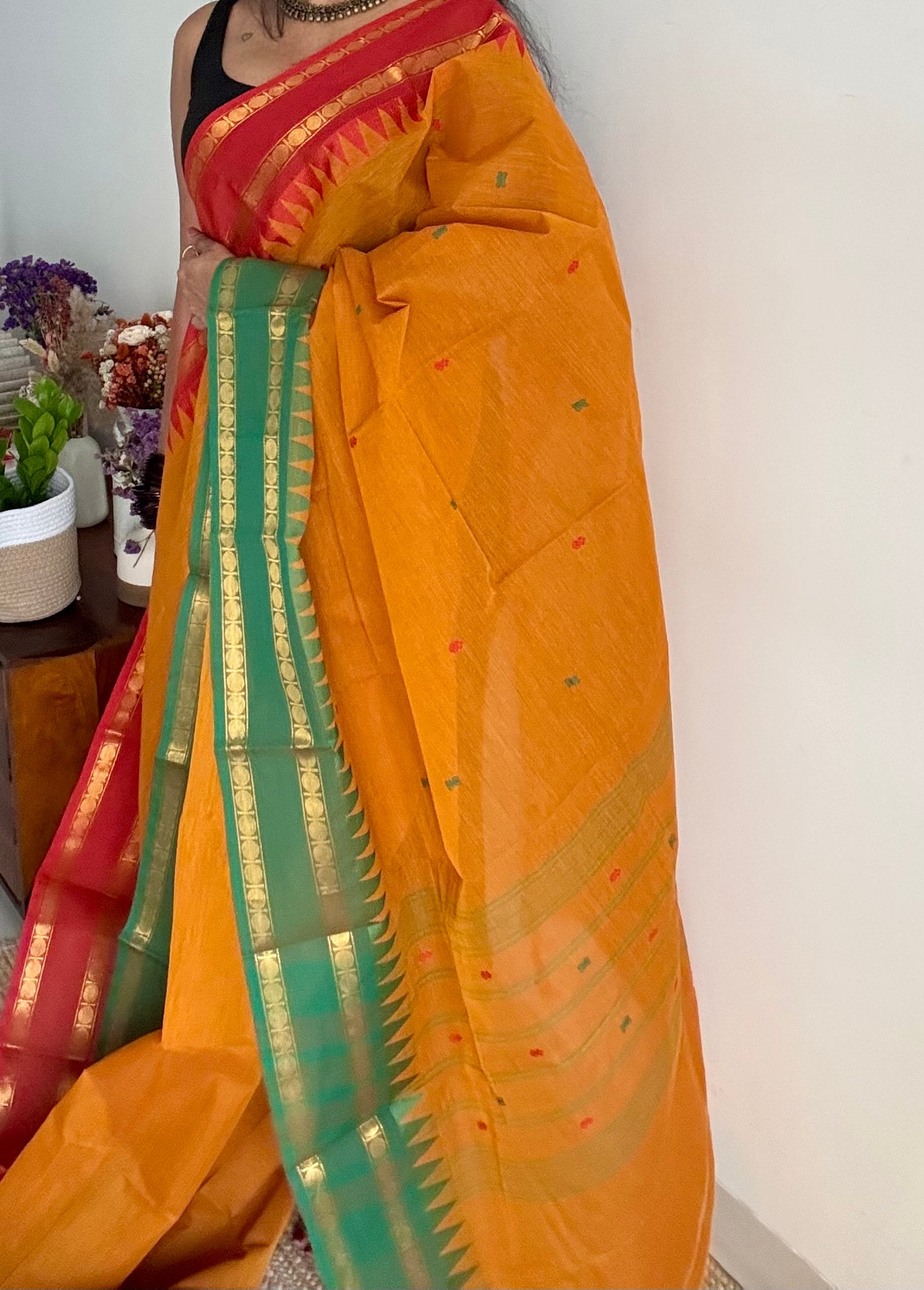 Kanchi cotton saree, orange with red and green dual border - YCCOTNAP100