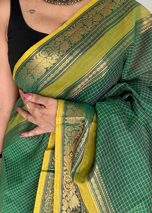 Kanchi cotton saree, green checks with korvai border - YCCOTNAP74