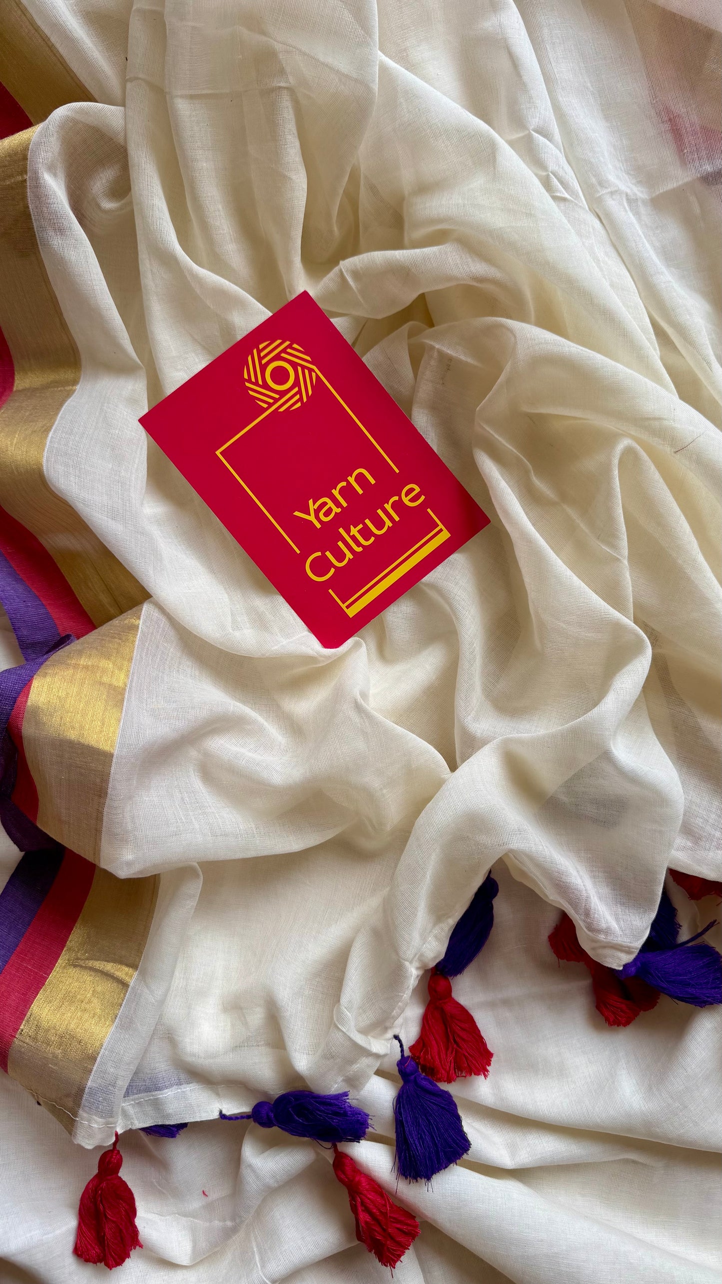 Ivory mul saree, purple, red and gold border - YCIEON08