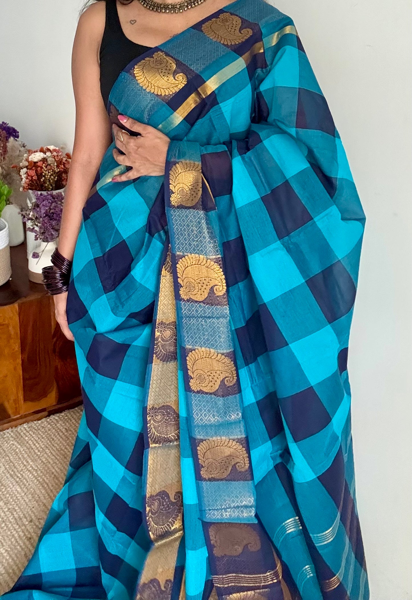 Chettinad cotton saree with sky blue and navy checks, paisley motif border - YCCOTNAP62