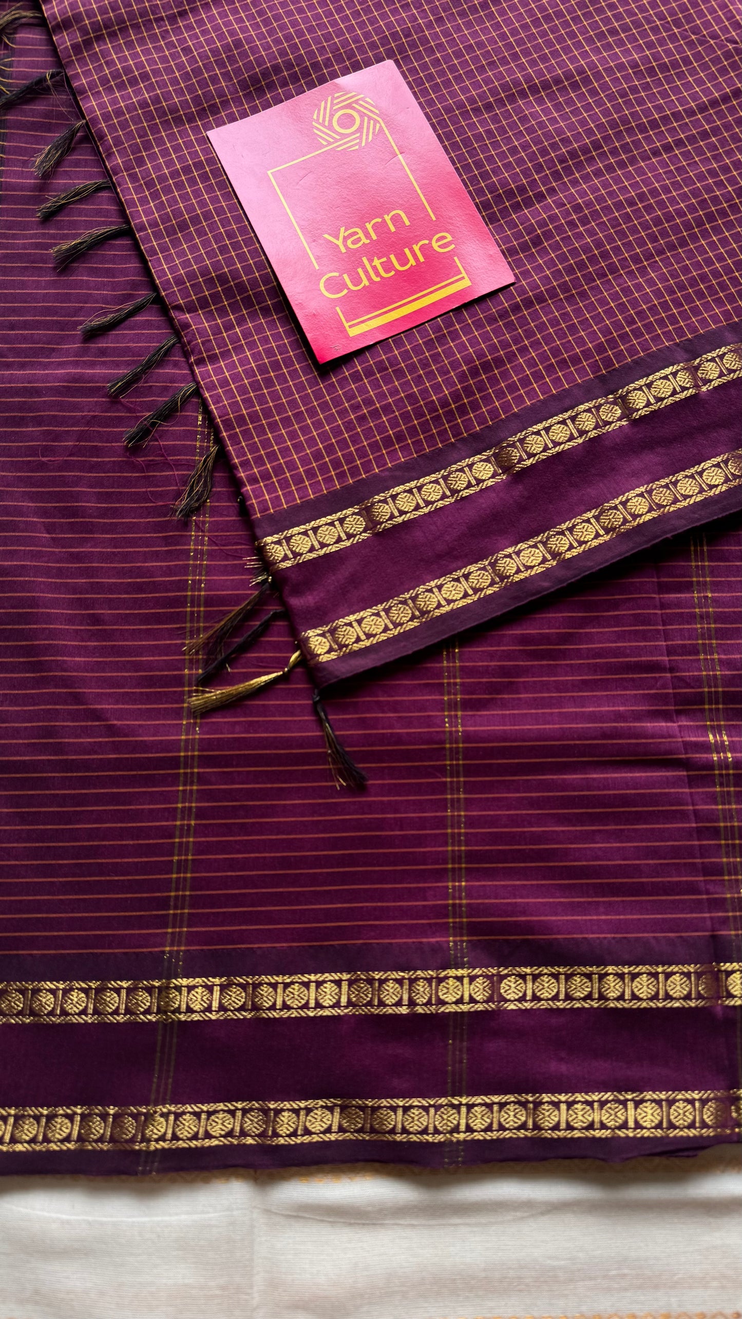 Dark berry pink (light burgundy), arani checks saree, cotton silk - YCCOTNAUG17