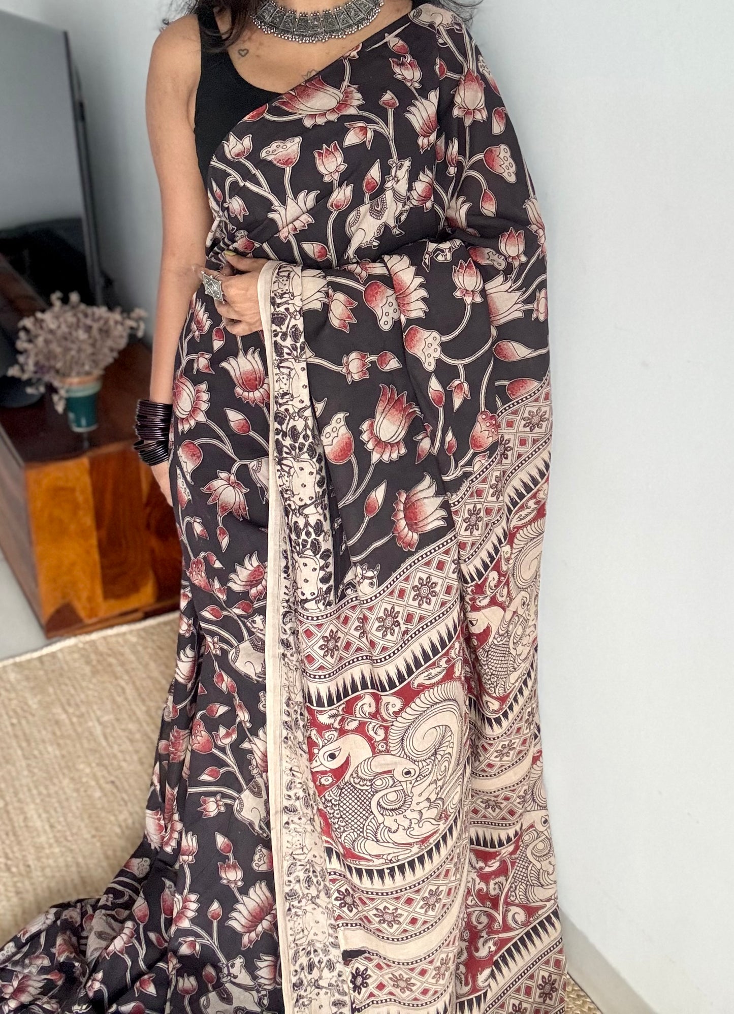 Black with brick red pichwai motif kalamkari, soft cotton - YCWOTDOCMP87