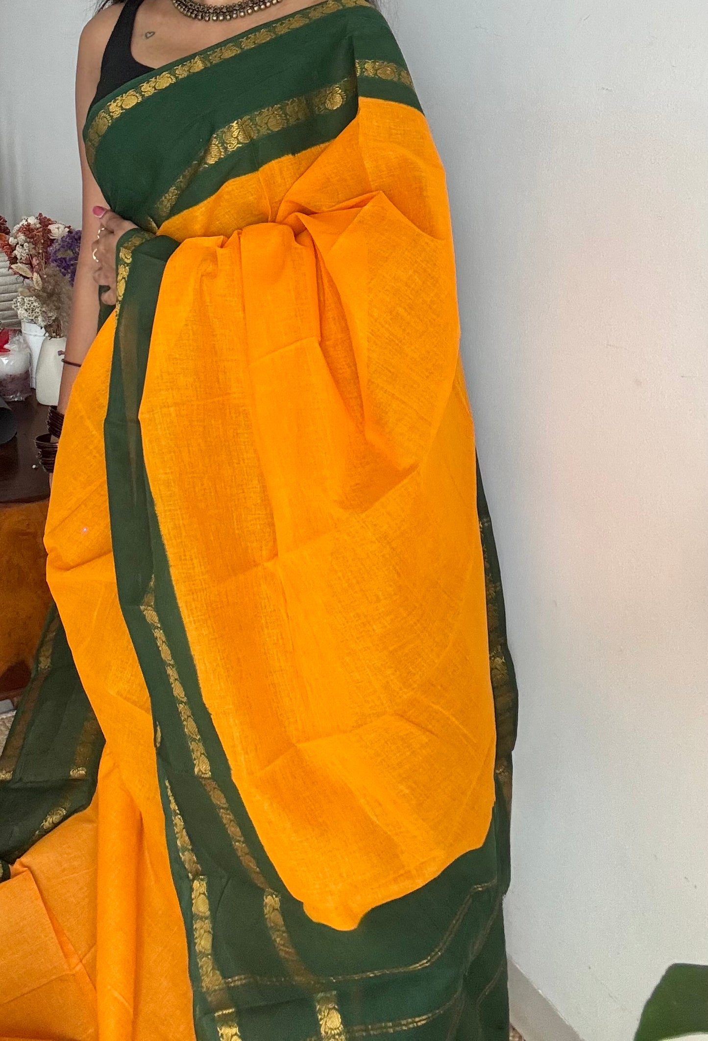 Yellow with green rettaipettu peacock double border, madurai soft cotton - YCCOTNMSAP206