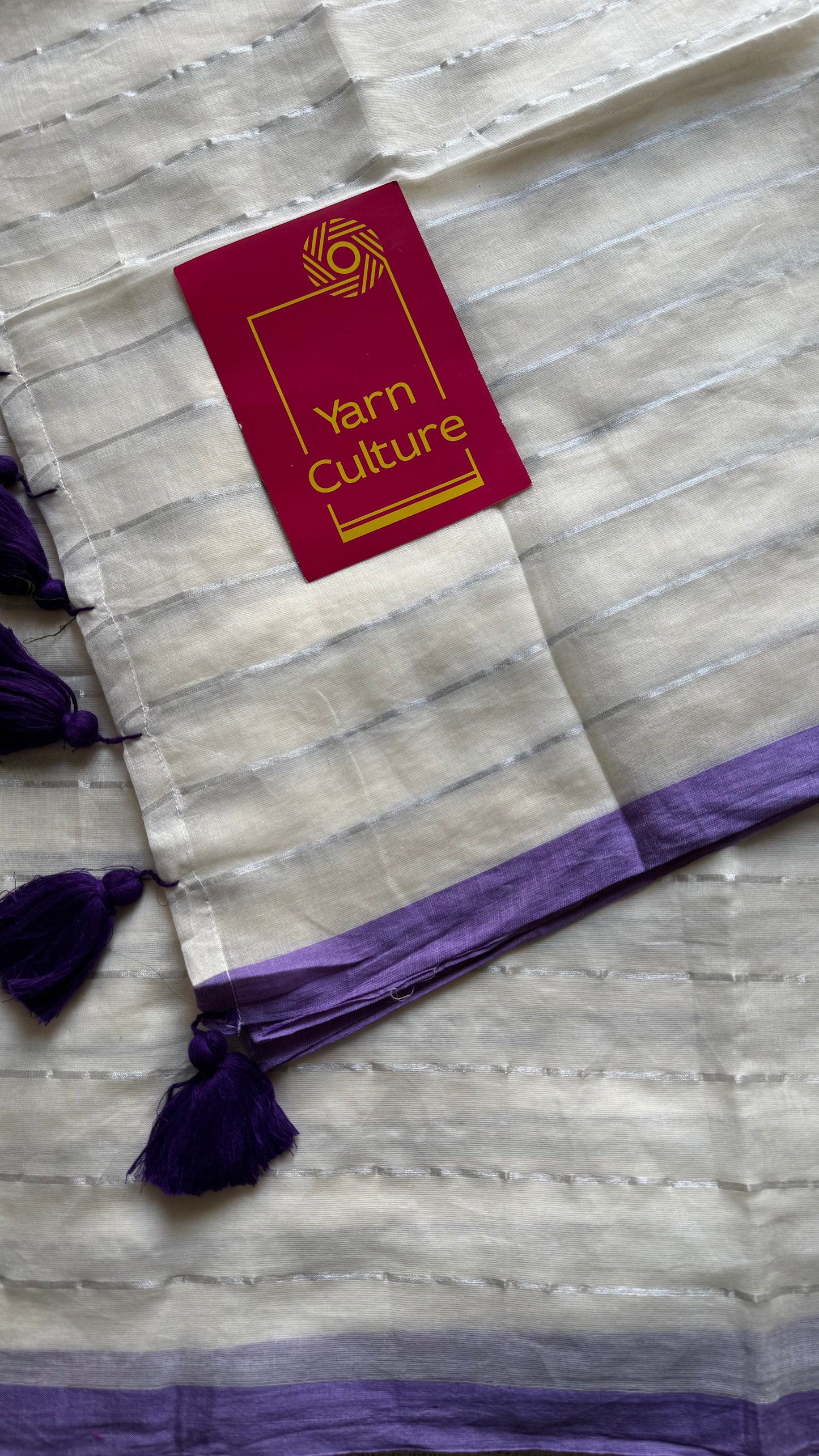 Ivory mul saree with silver zari stripes and purple border - YCBCMCFE288