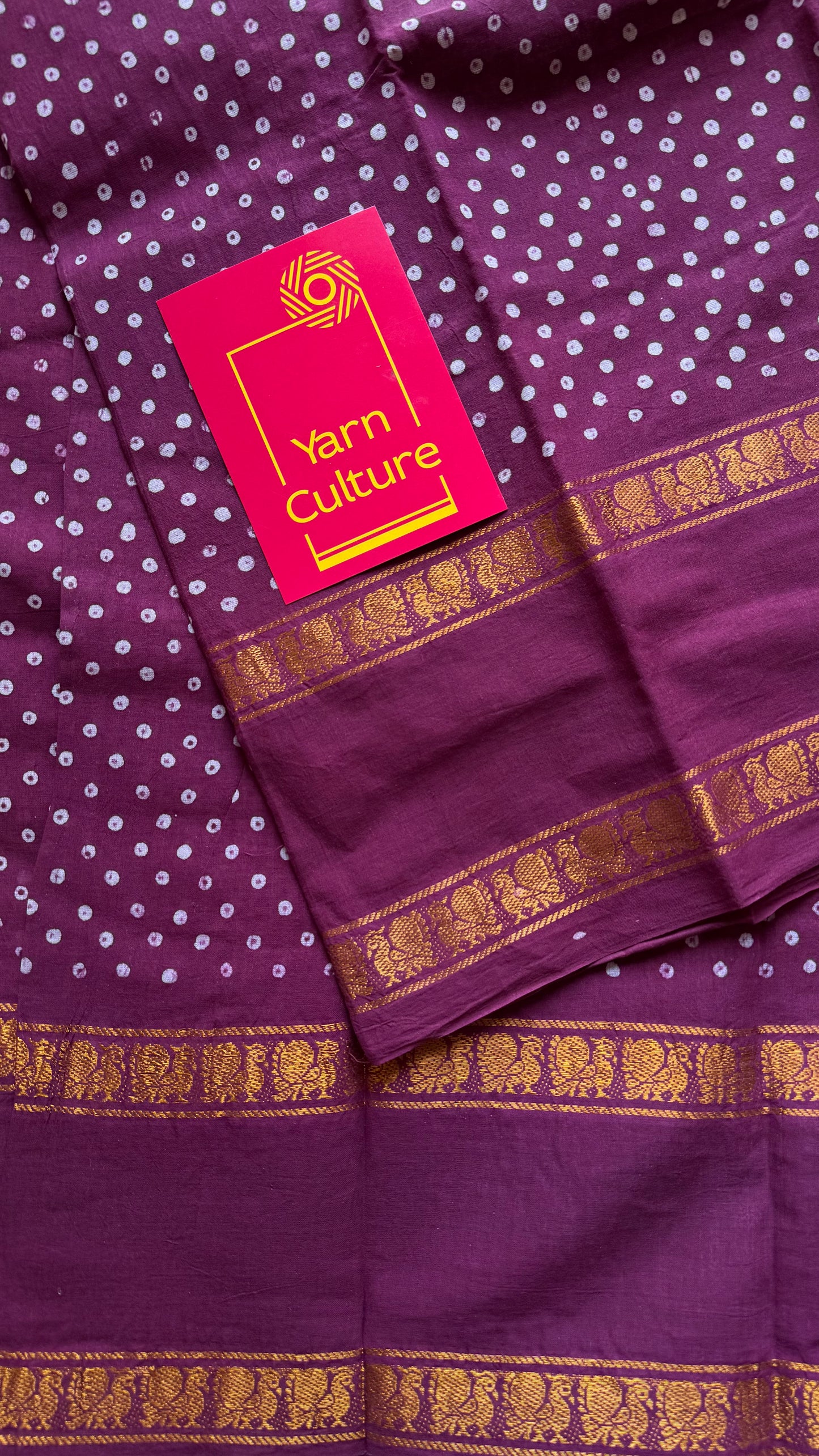 Raspberry maroon wax dot printed sungudi, kattuchayam dyed madurai cotton saree  - YCCOTNMA260