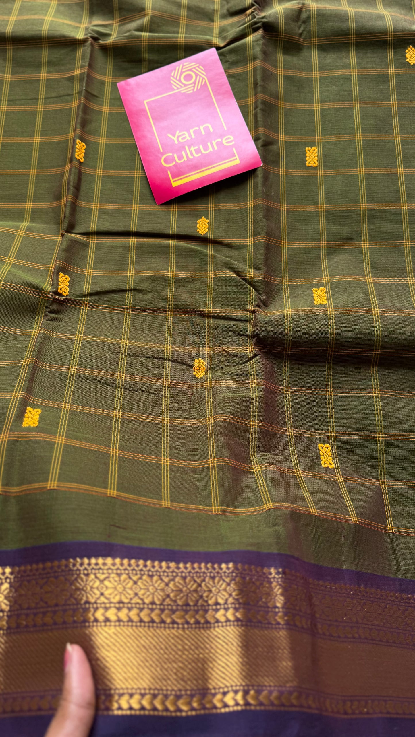 Dark green and purple contrast, checkered Chettinad cotton saree - YCCOTNMA265