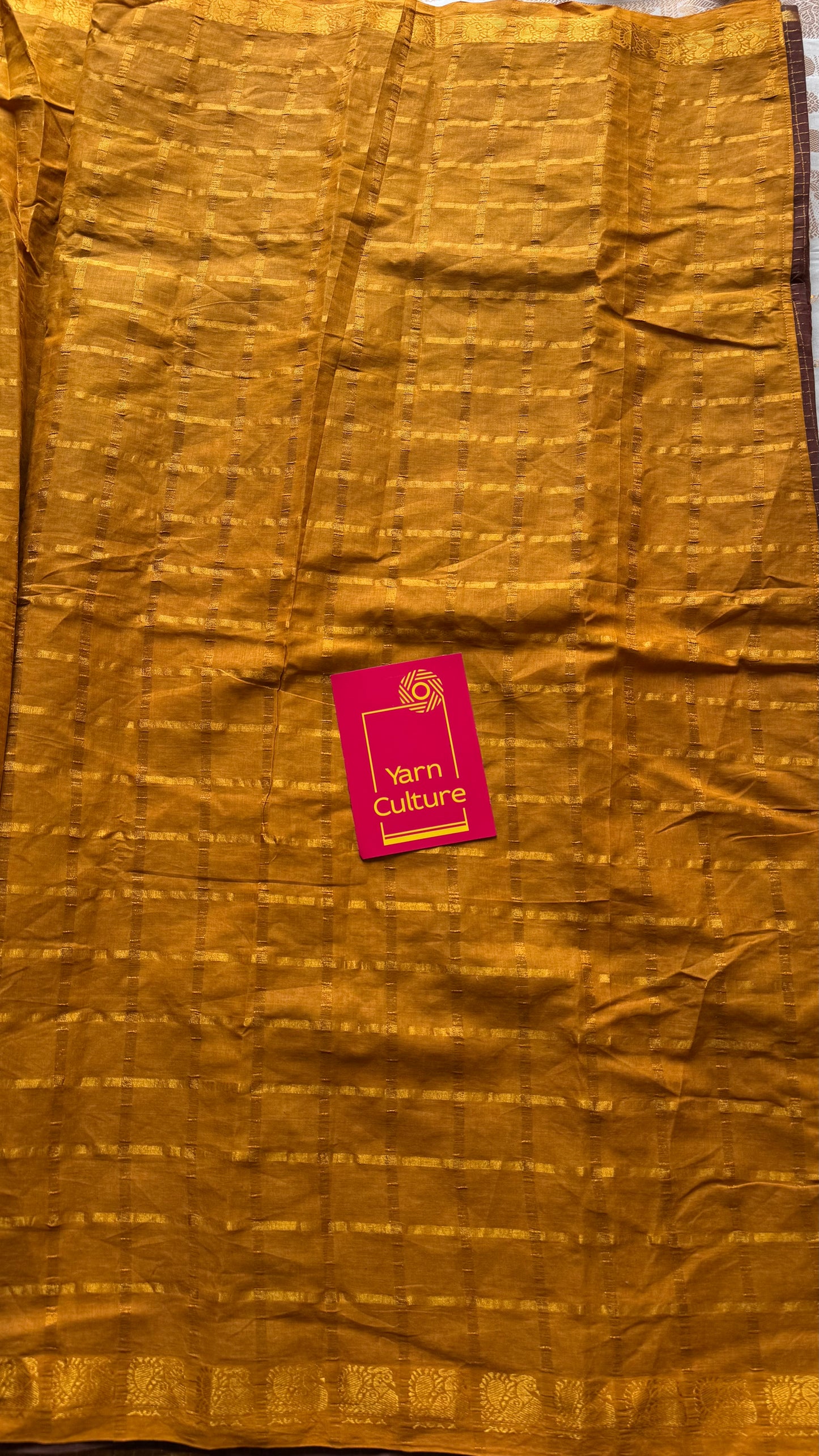 Brown with turmeric yellow, sungudi cotton half-half saree - YCCOTNIDMA315