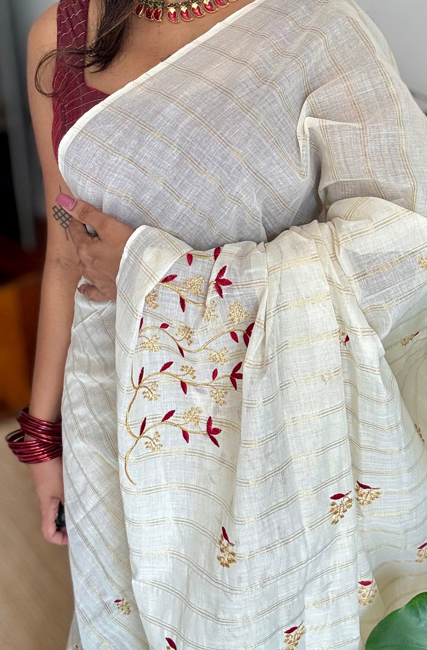 Ivory and gold soft cotton saree, maroon floral vine embroidery  - YCIEON58