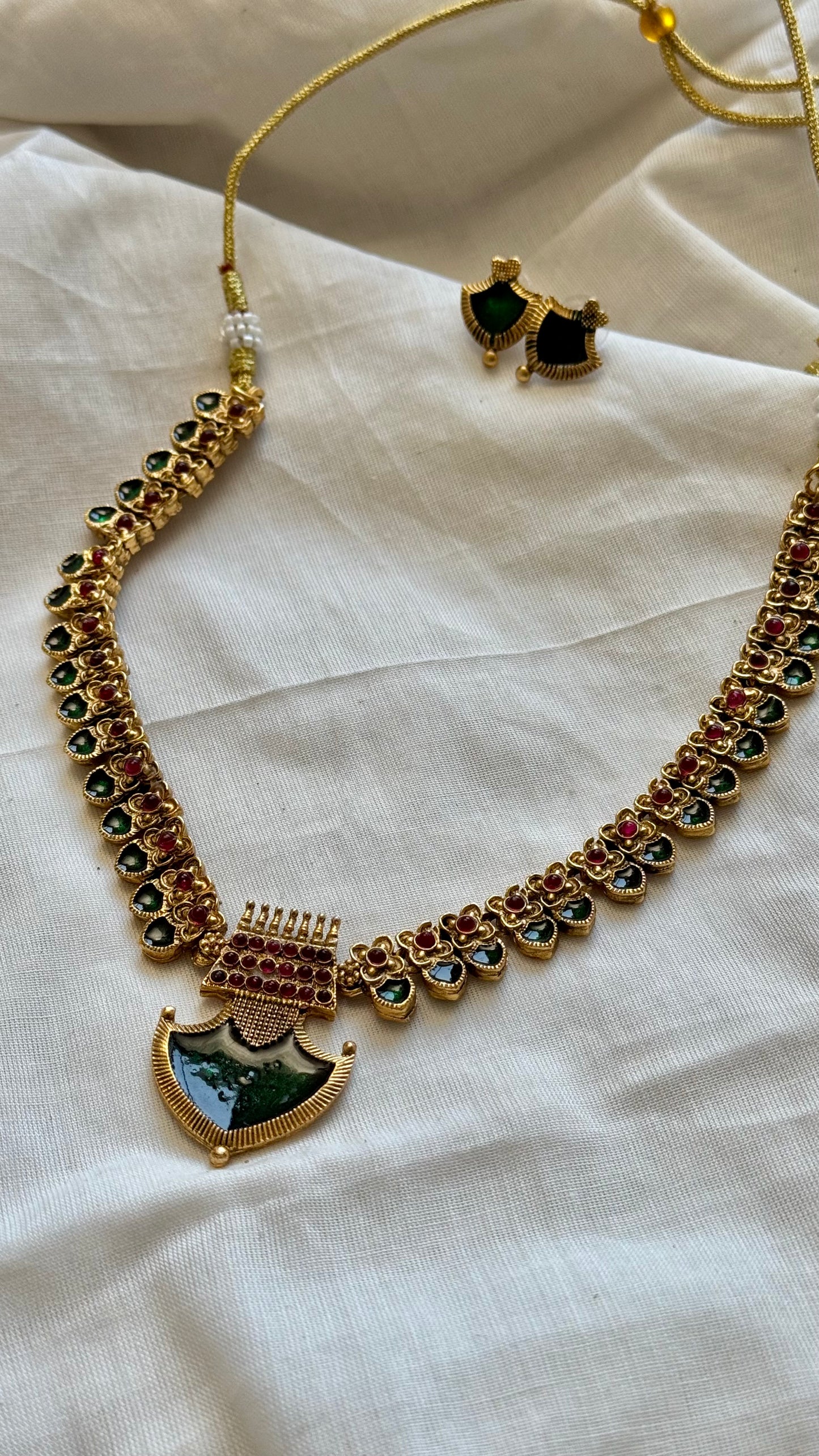 Green palakka pendant neckpiece with earrings - YCGPNP634a