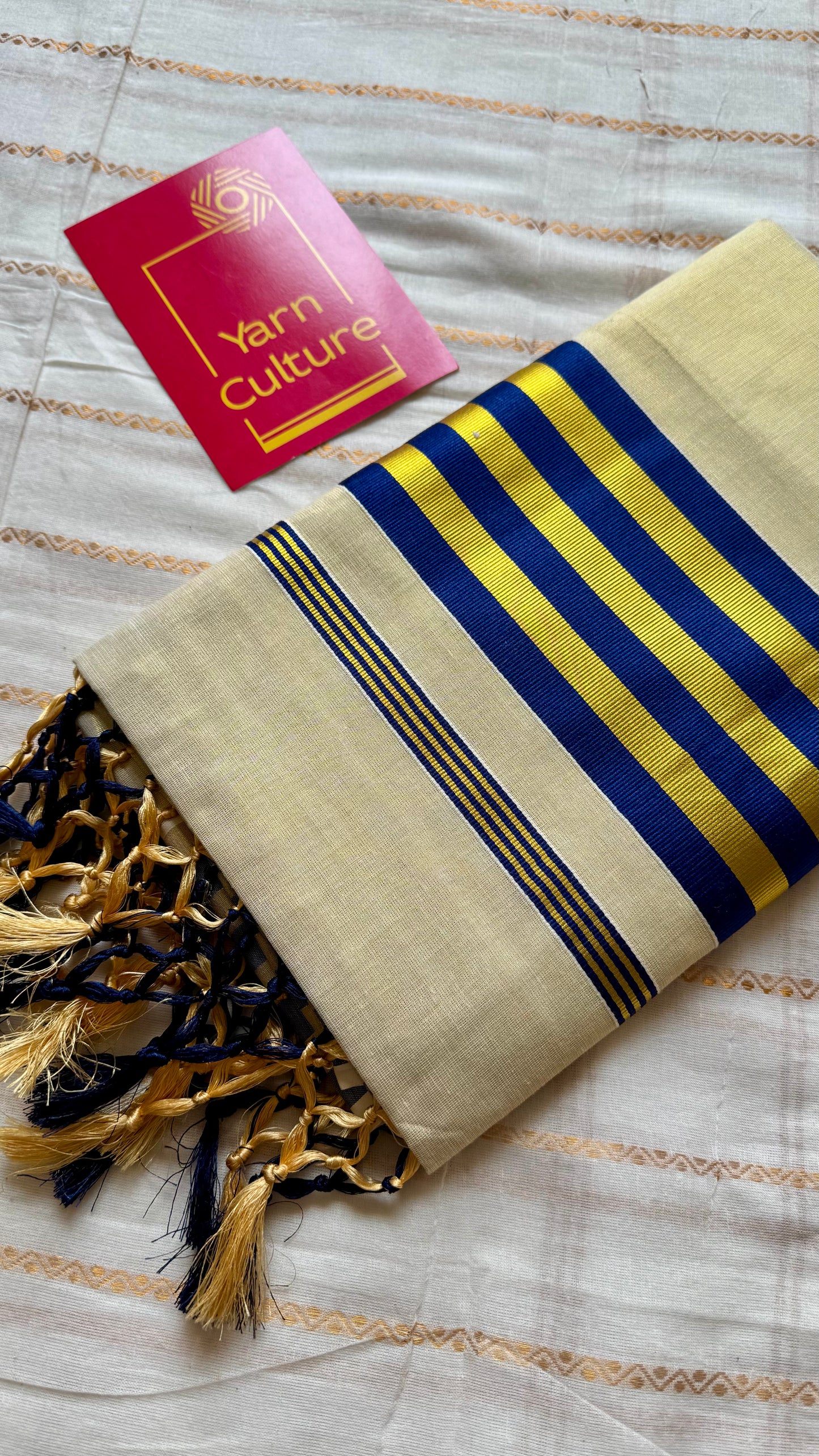 Ivory and gold soft tissue cotton saree, royal blue border - YCIEON66