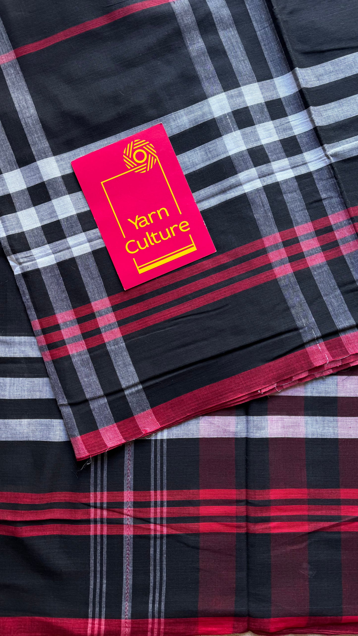 Dhonekhali handloom soft cotton saree, black with white and red big checks - YCBCDFE248