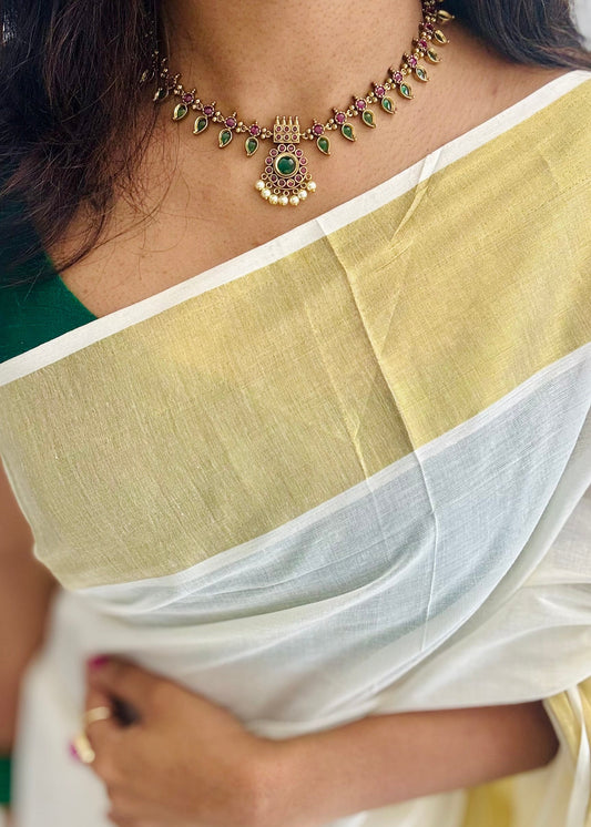 Green and dark pink palakka necklace with jhumka - YCAGC82