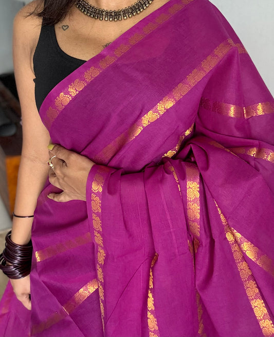 Purple pink (vadamalli) with multi peacock motif lines, kattuchayam dyed sungudi cotton - YCCOTNMSFE262