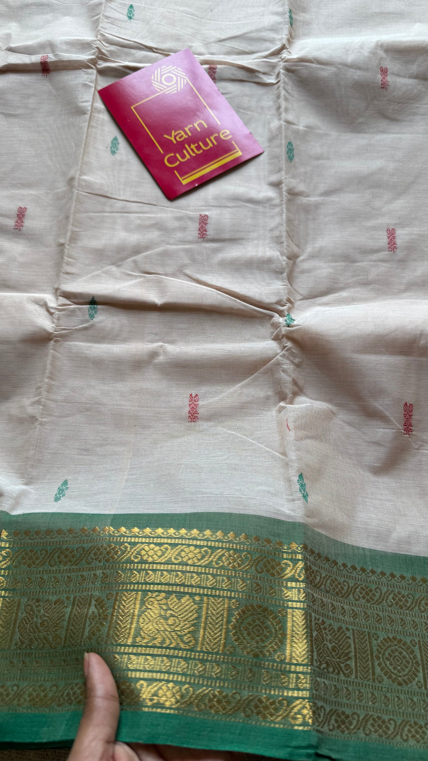 Beige with green pink and coral red contrast, kanchi cotton saree - YCCOTNMA327