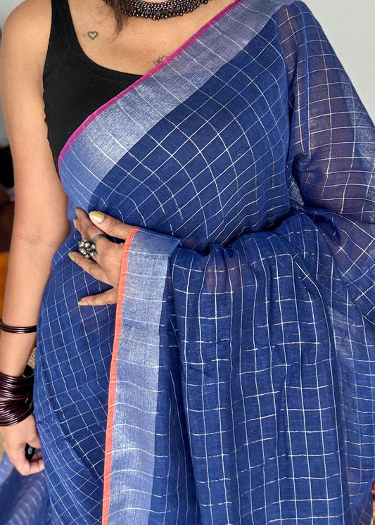 Navy blue linen by cotton saree, silver checks & zari pallu - YCBCLCFE392