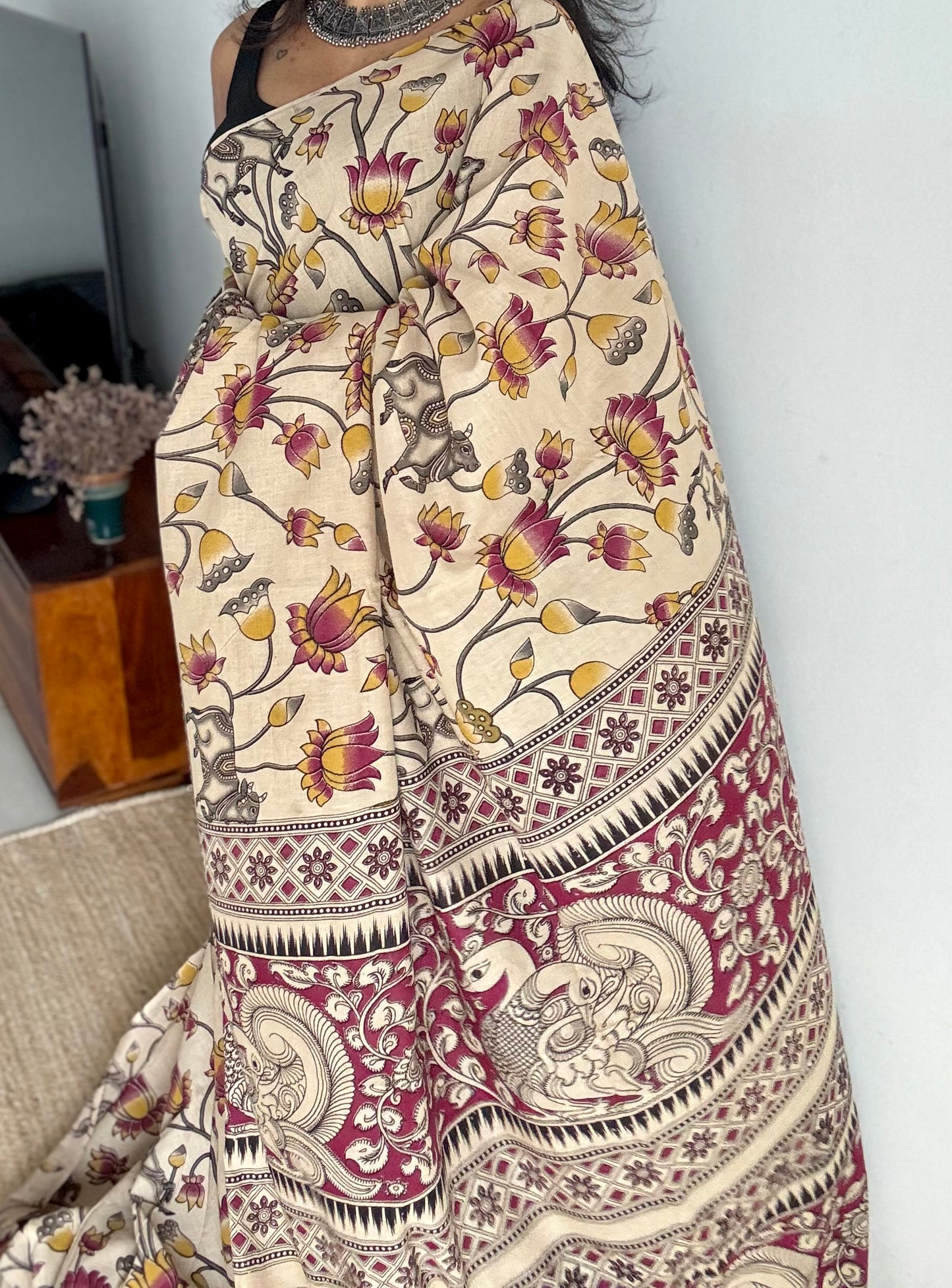 Beige with dark pink and yellow pichwai motif kalamkari, soft cotton - YCWOTDOCMP88