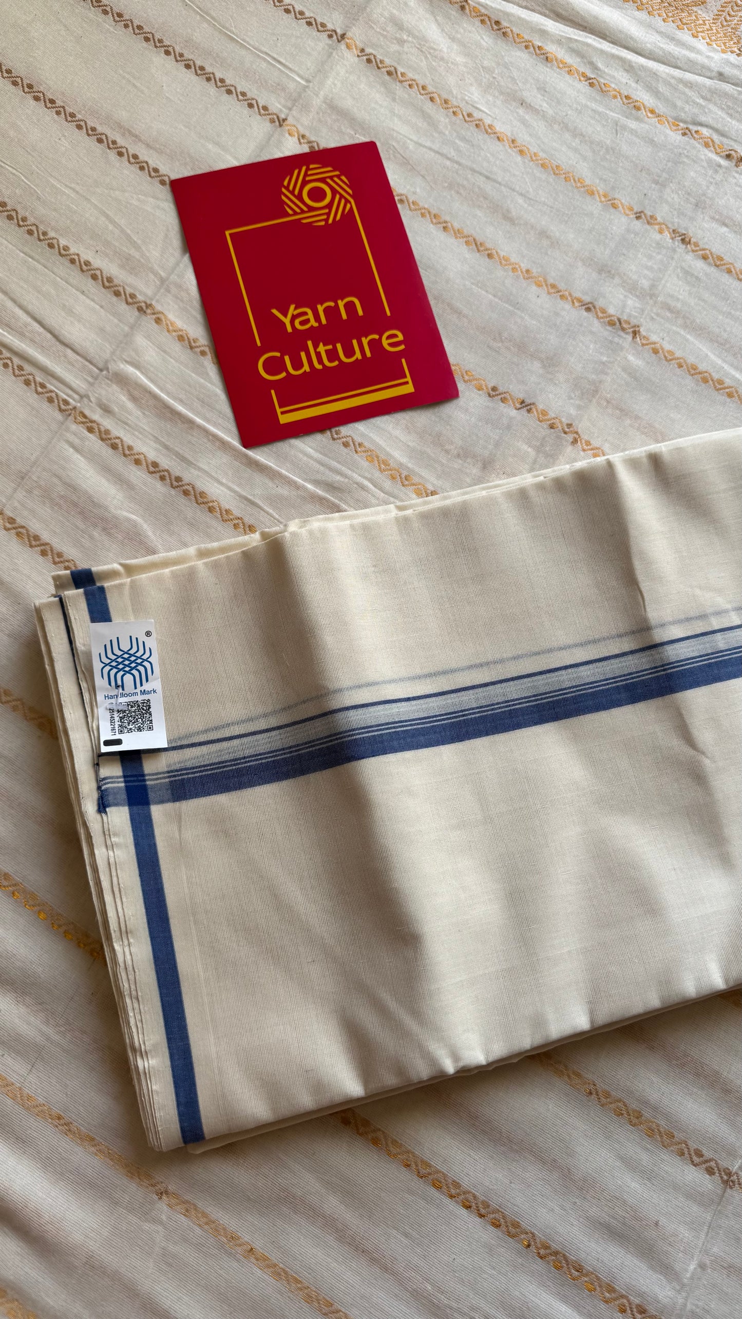 Ivory Chendamangalam Handloom Double Mundu with Blue Kara | Soft Cotton Men's Dhoti - YCMSEIE176