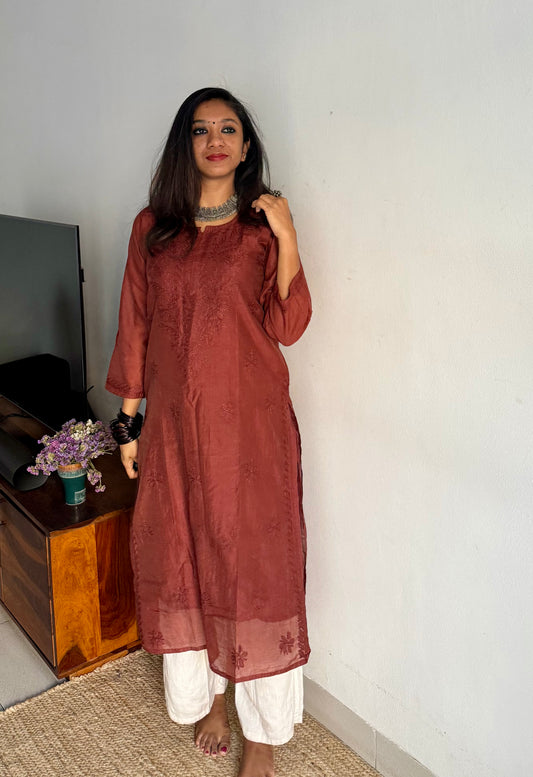 Chocolate brown muslin chanderi chikankari with bakhiya work, stitched kurta, round neck, three fourth sleeves - YCSECKJA125